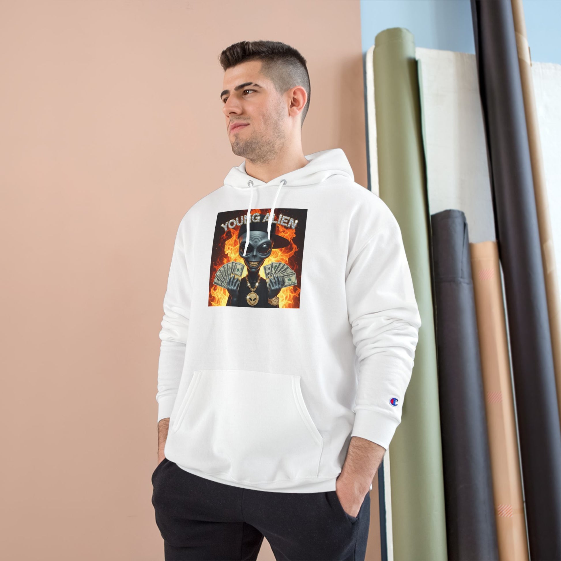 Young Alien Champion Hoodie - Stylish Streetwear, Unique Graphic Sweatshirt, Unisex Pullover, Perfect for Gifting, Trendy Urban Fashion