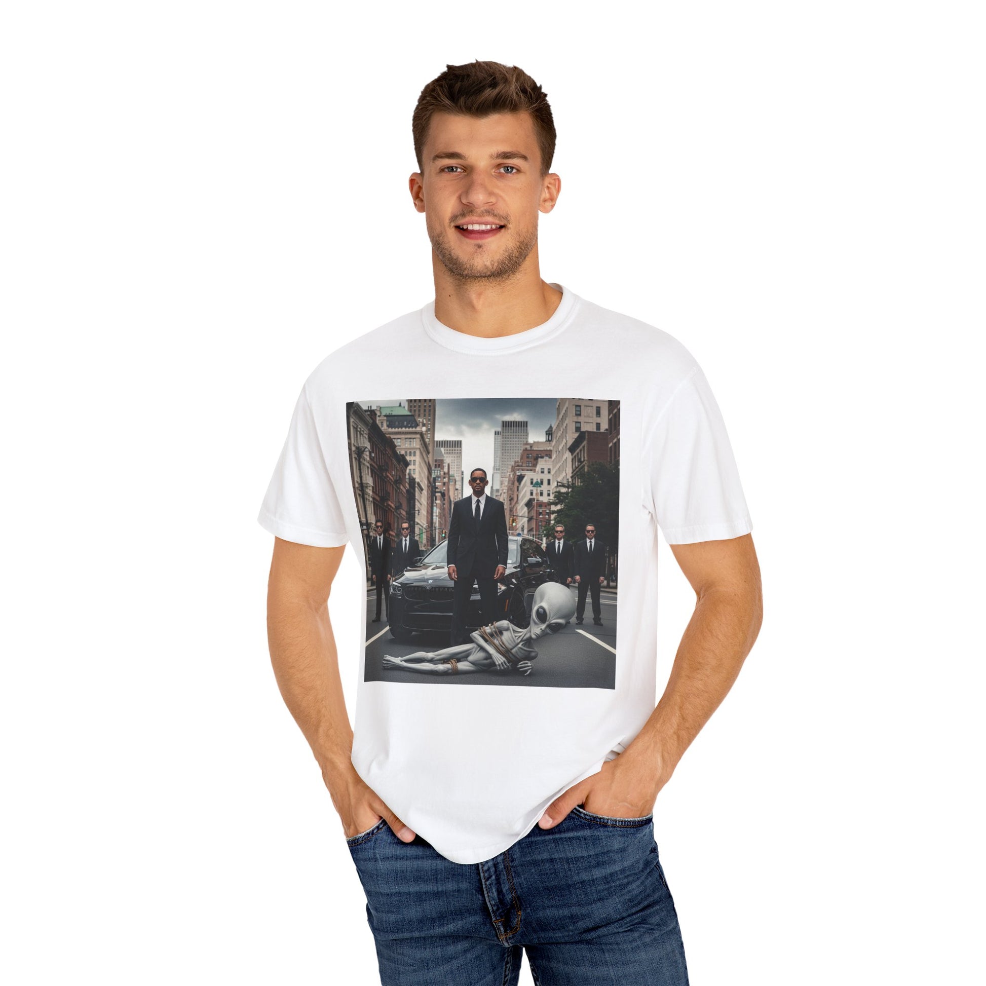 Alien Encounter T-Shirt - Unisex Garment-Dyed Tee, Fun Gift for Sci-Fi Fans, Casual Wear, Halloween Costume, Unique Collectible