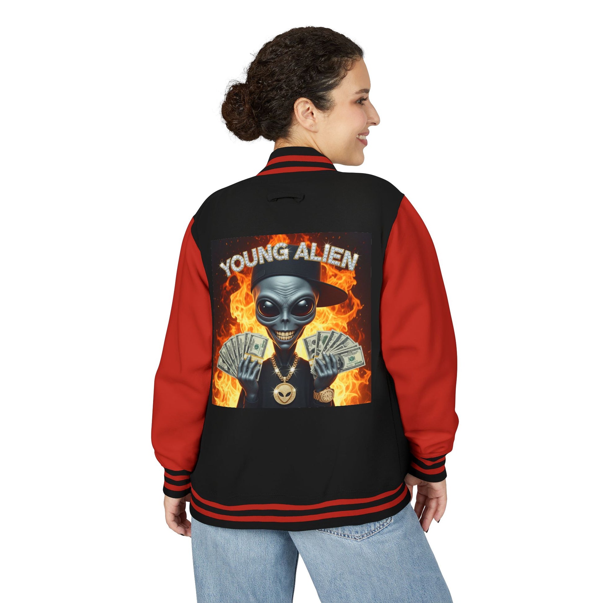 Youthful Alien Vibes Letterman Jacket, Retro Style Unisex Jacket, Trendy Outerwear, Casual Streetwear, Unique Gift for Teenagers