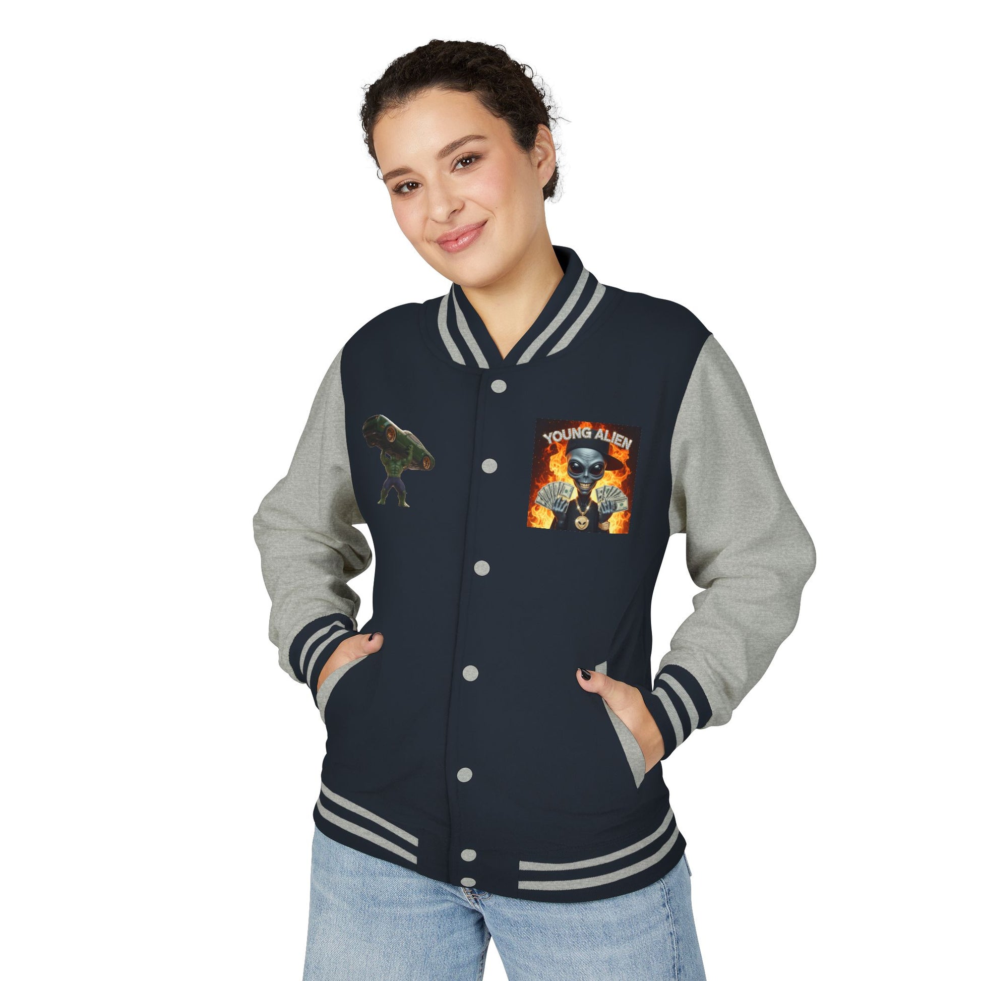 Youthful Alien Vibes Letterman Jacket, Retro Style Unisex Jacket, Trendy Outerwear, Casual Streetwear, Unique Gift for Teenagers
