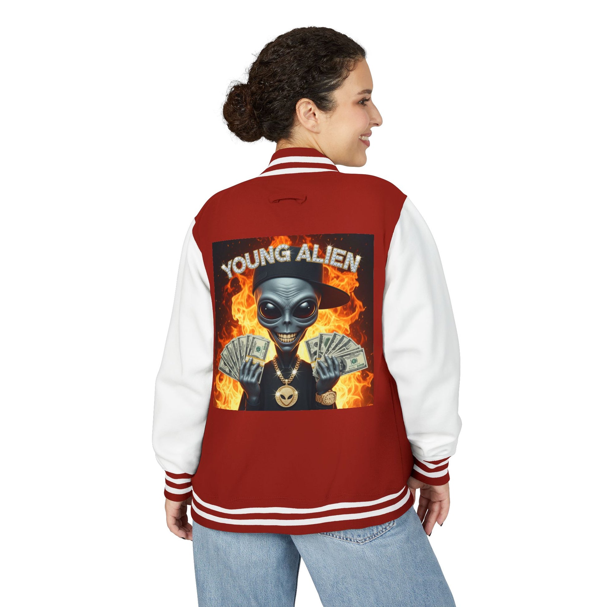 Youthful Alien Vibes Letterman Jacket, Retro Style Unisex Jacket, Trendy Outerwear, Casual Streetwear, Unique Gift for Teenagers