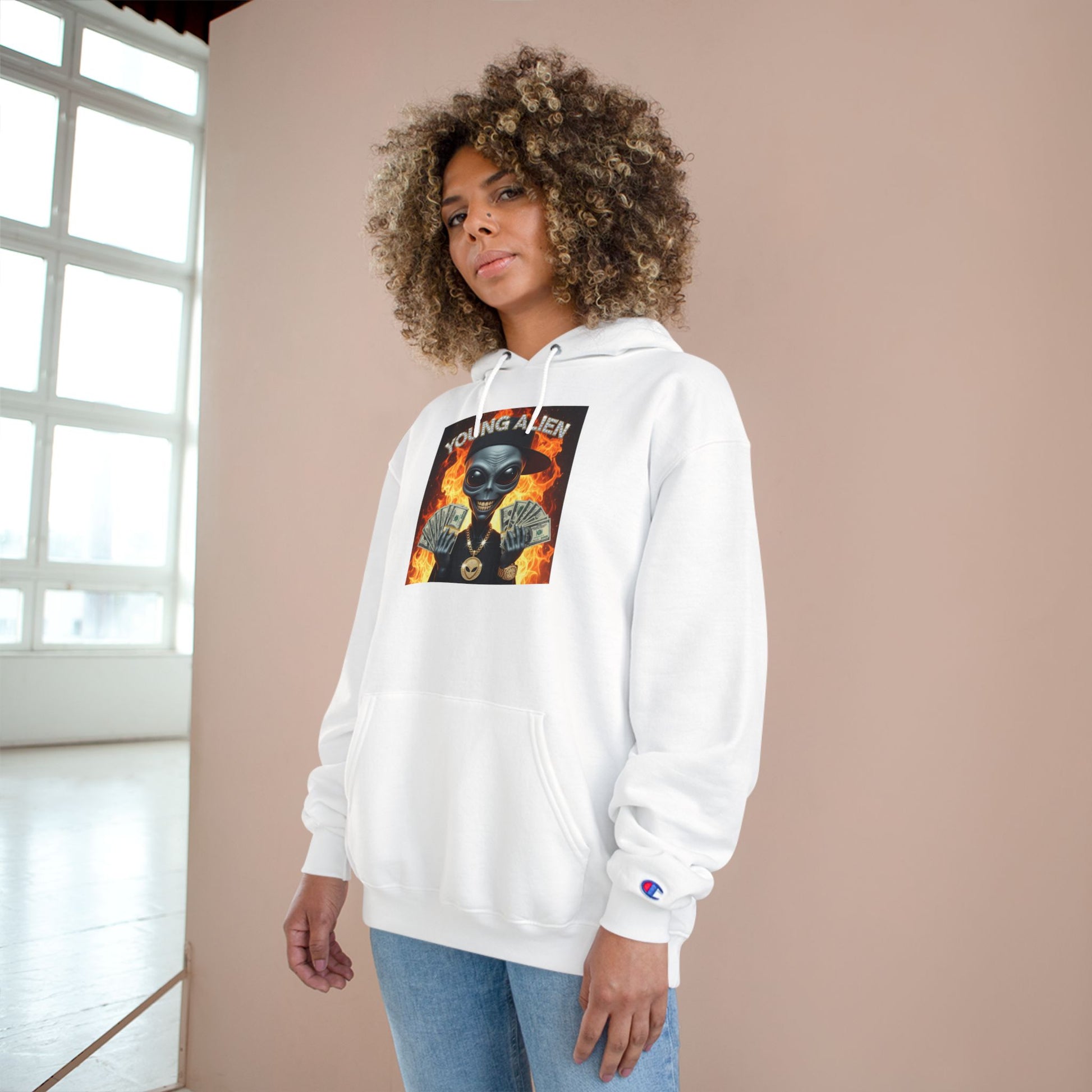Young Alien Champion Hoodie - Stylish Streetwear, Unique Graphic Sweatshirt, Unisex Pullover, Perfect for Gifting, Trendy Urban Fashion