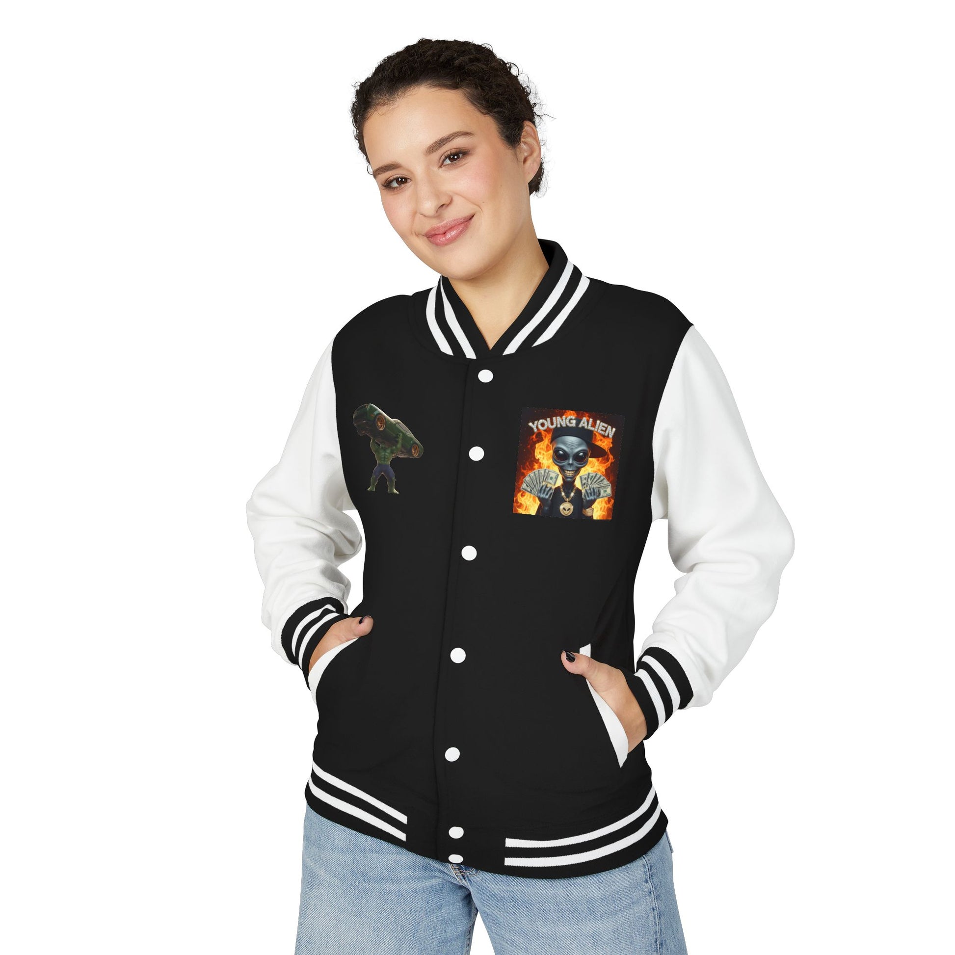 Youthful Alien Vibes Letterman Jacket, Retro Style Unisex Jacket, Trendy Outerwear, Casual Streetwear, Unique Gift for Teenagers