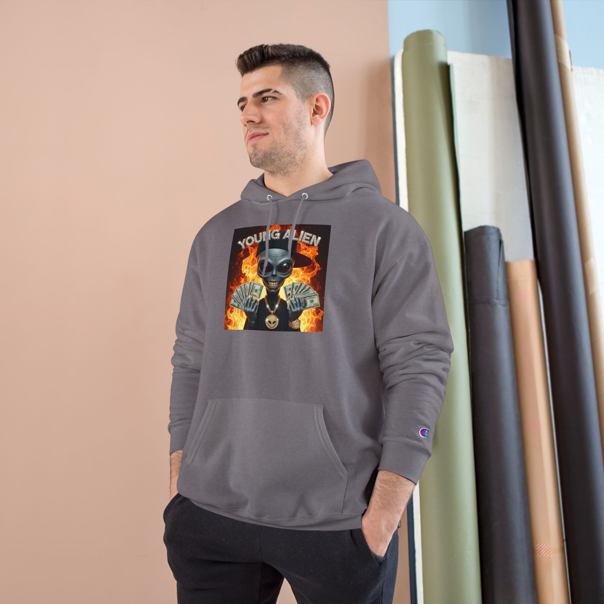 Young Alien Champion Hoodie - Stylish Streetwear, Unique Graphic Sweatshirt, Unisex Pullover, Perfect for Gifting, Trendy Urban Fashion