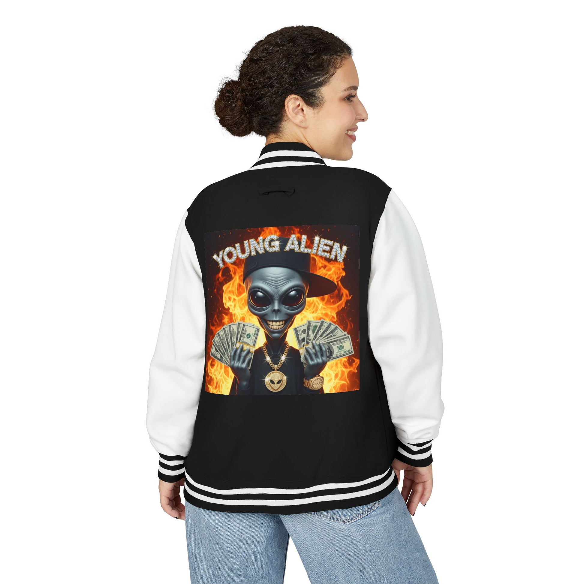 Youthful Alien Vibes Letterman Jacket, Retro Style Unisex Jacket, Trendy Outerwear, Casual Streetwear, Unique Gift for Teenagers