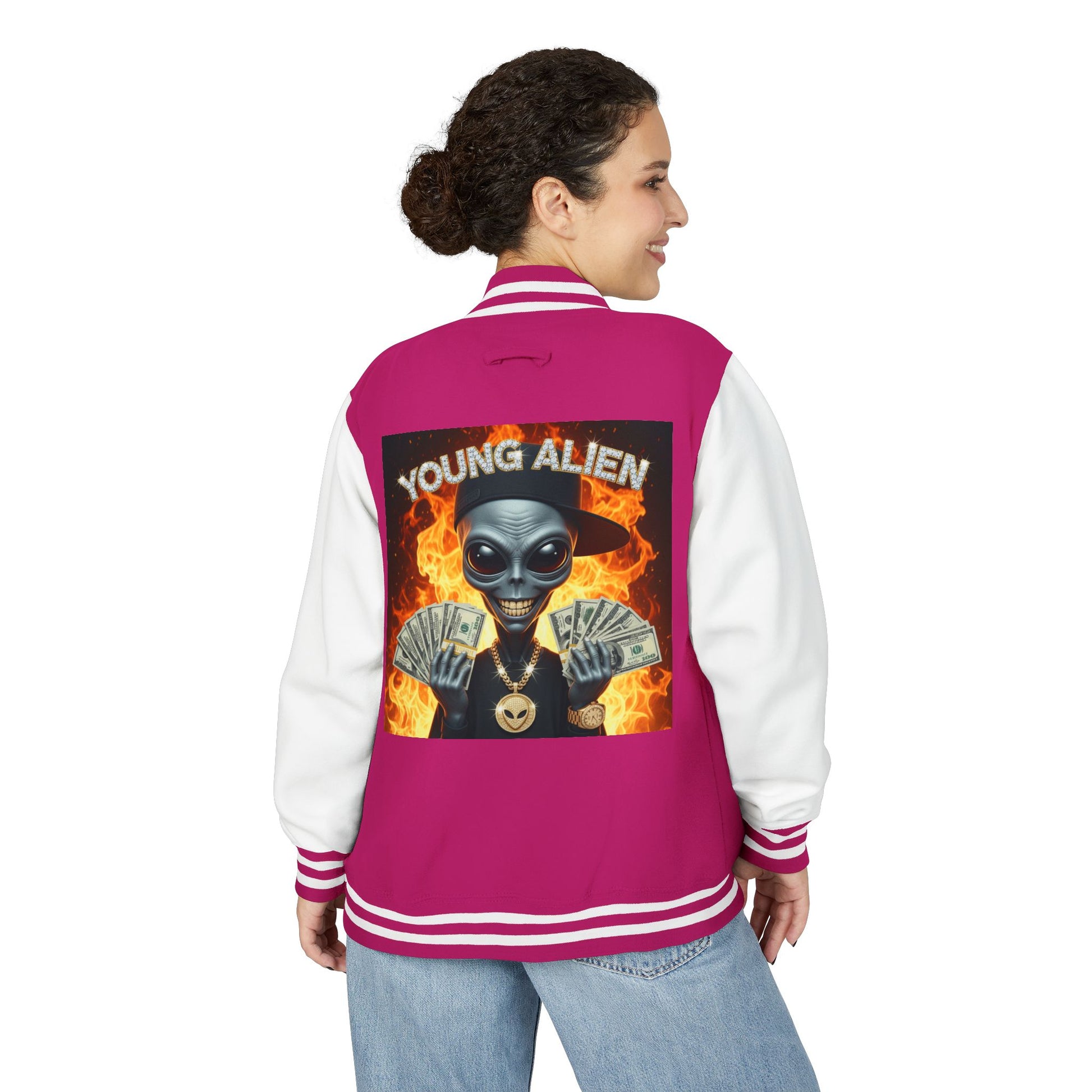 Youthful Alien Vibes Letterman Jacket, Retro Style Unisex Jacket, Trendy Outerwear, Casual Streetwear, Unique Gift for Teenagers