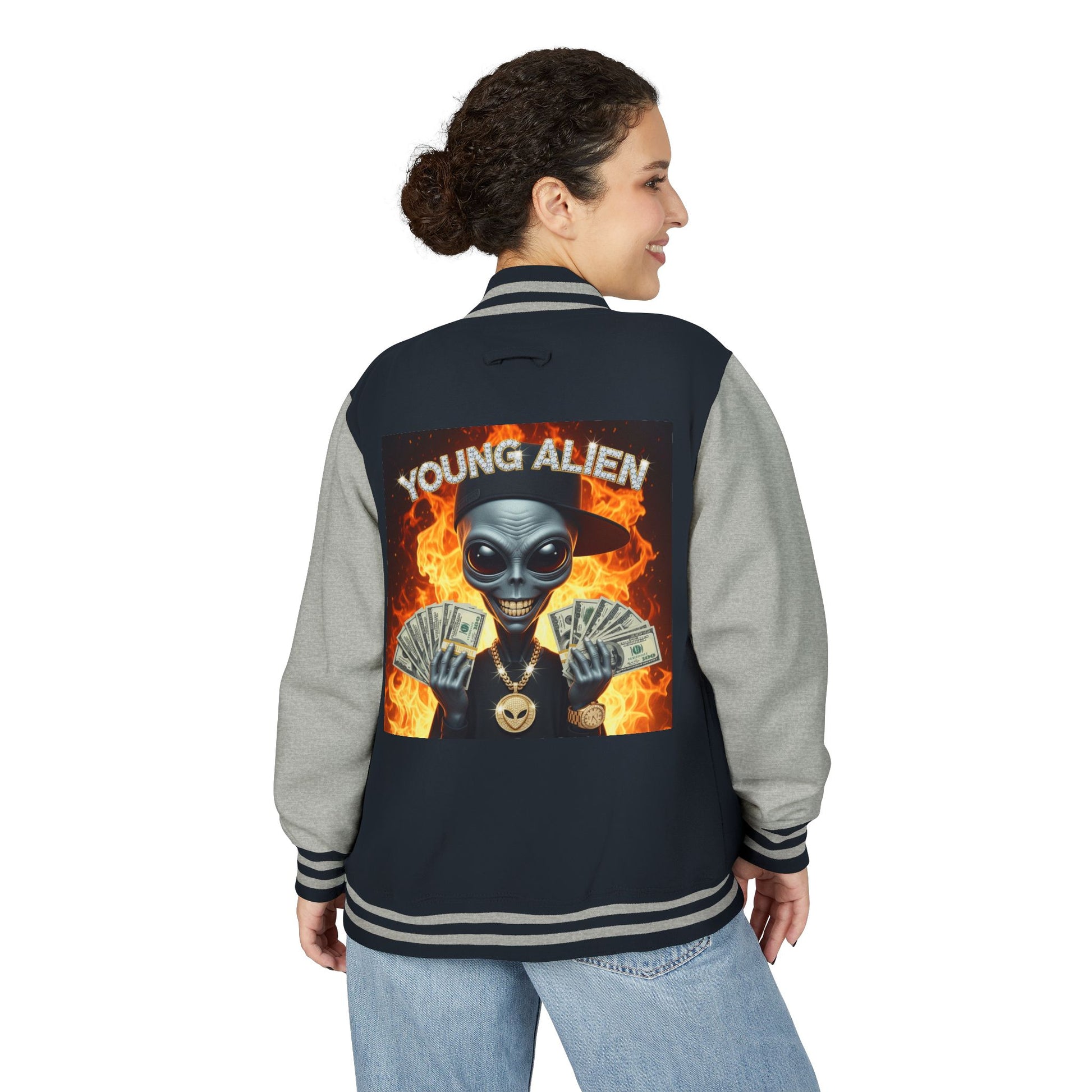 Youthful Alien Vibes Letterman Jacket, Retro Style Unisex Jacket, Trendy Outerwear, Casual Streetwear, Unique Gift for Teenagers