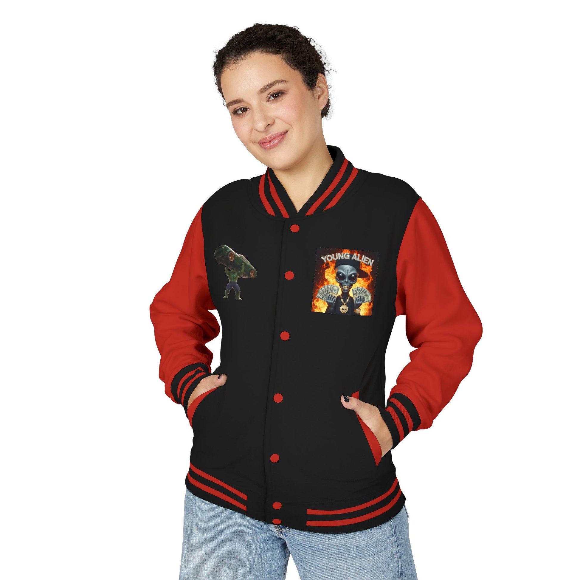 Youthful Alien Vibes Letterman Jacket, Retro Style Unisex Jacket, Trendy Outerwear, Casual Streetwear, Unique Gift for Teenagers