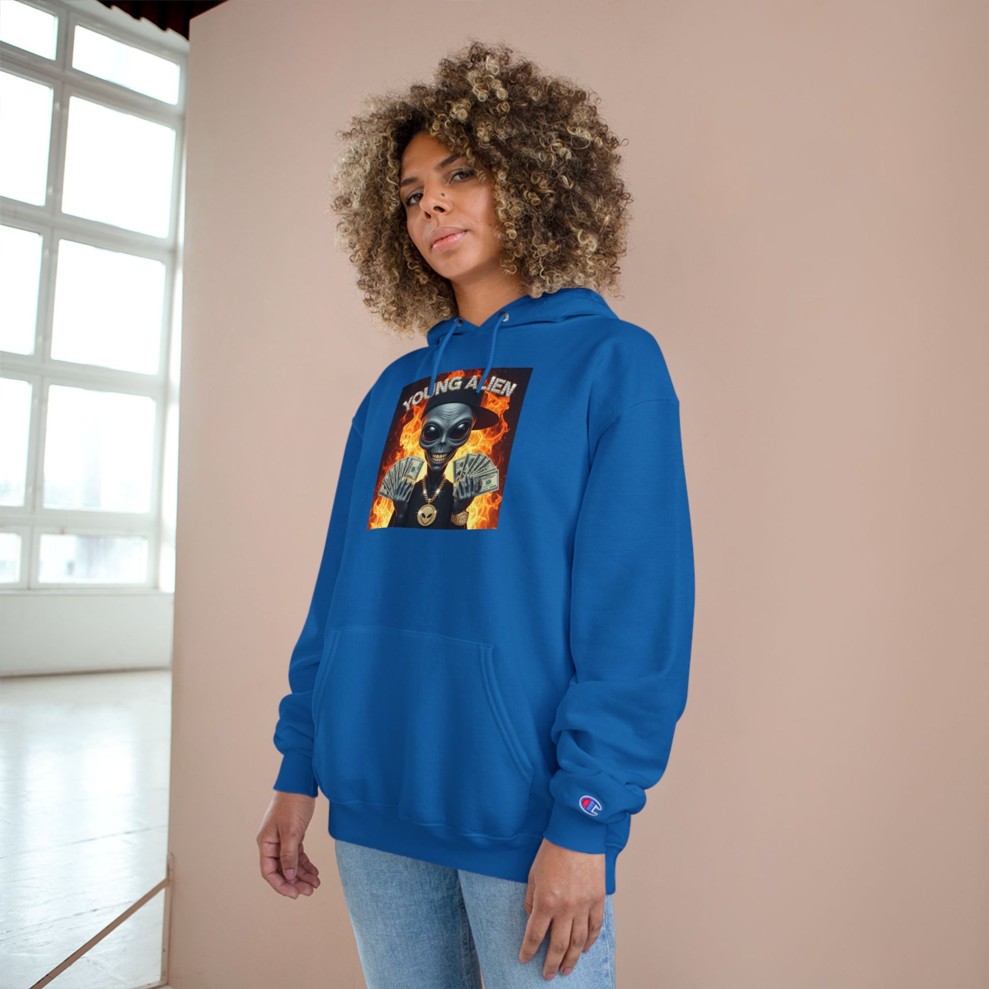 Young Alien Champion Hoodie - Stylish Streetwear, Unique Graphic Sweatshirt, Unisex Pullover, Perfect for Gifting, Trendy Urban Fashion
