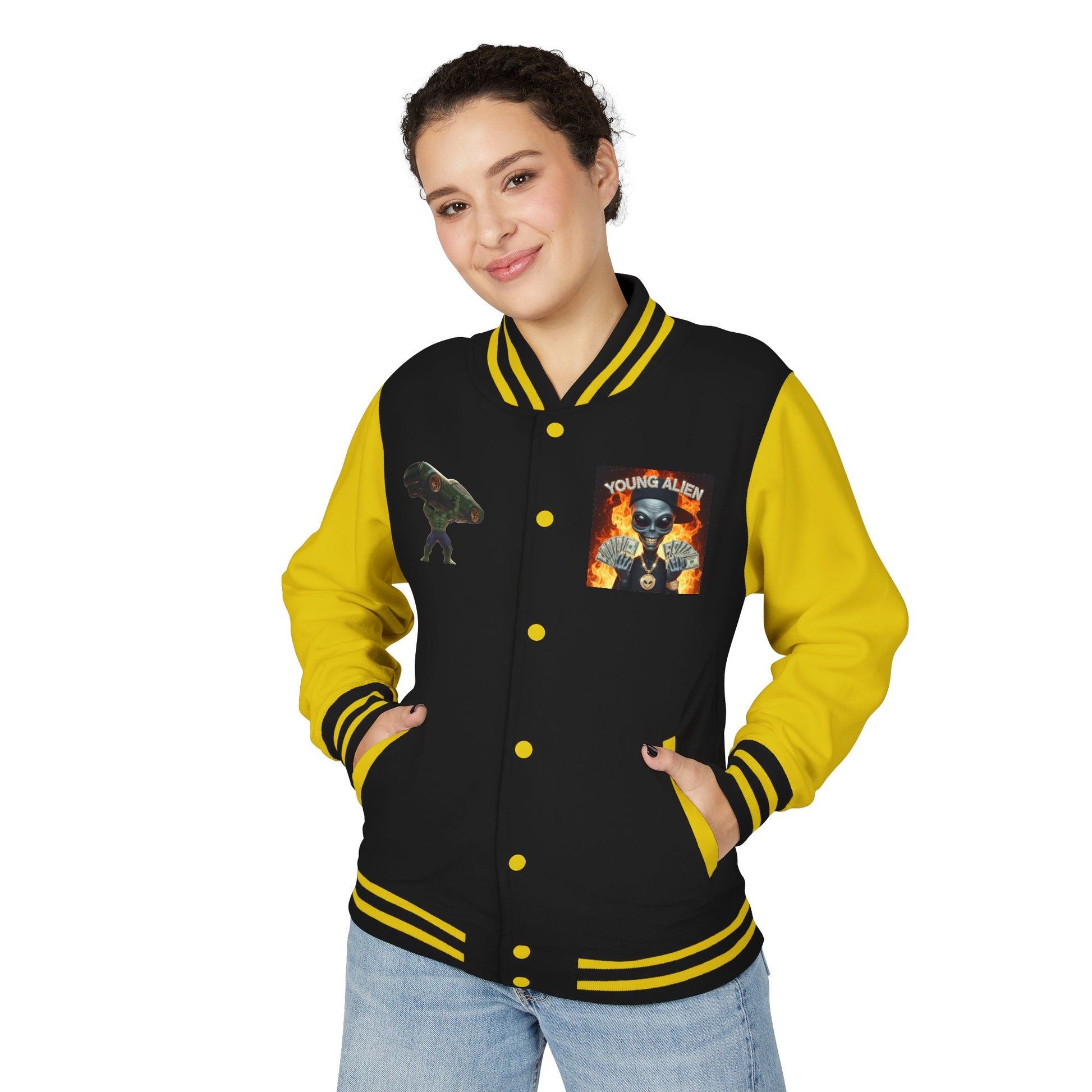 Youthful Alien Vibes Letterman Jacket, Retro Style Unisex Jacket, Trendy Outerwear, Casual Streetwear, Unique Gift for Teenagers