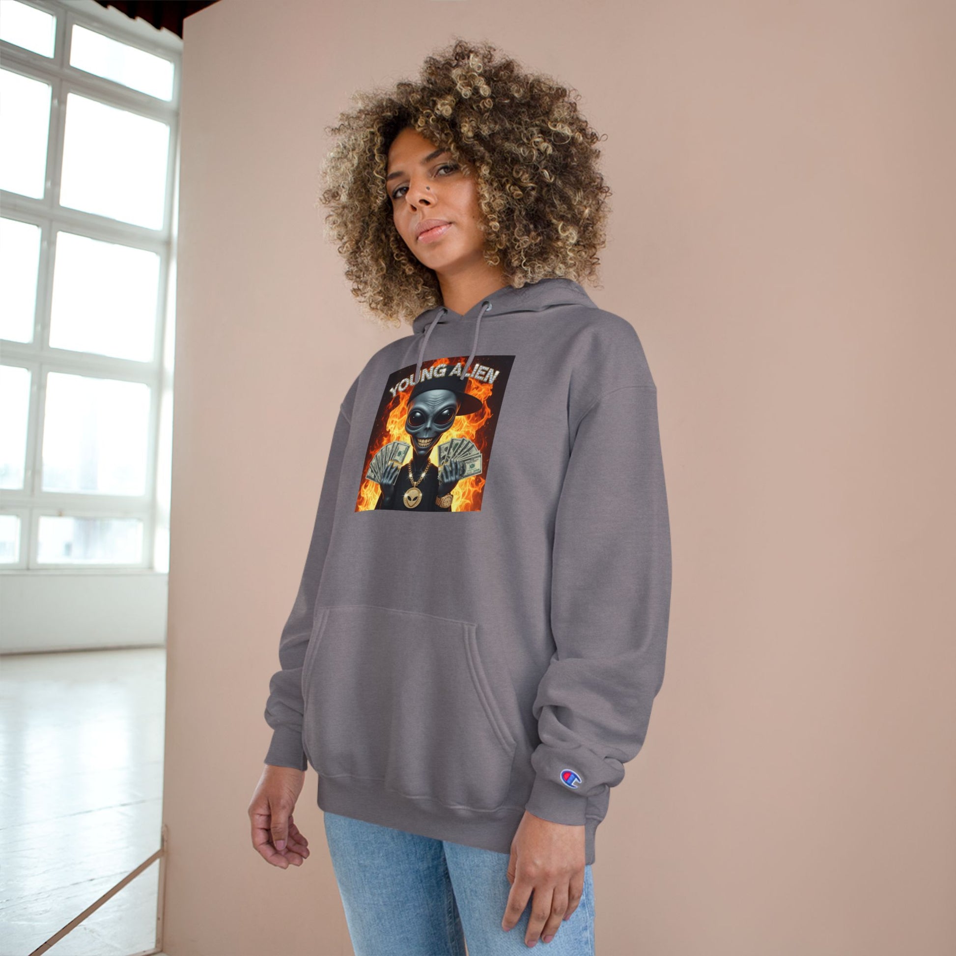 Young Alien Champion Hoodie - Stylish Streetwear, Unique Graphic Sweatshirt, Unisex Pullover, Perfect for Gifting, Trendy Urban Fashion