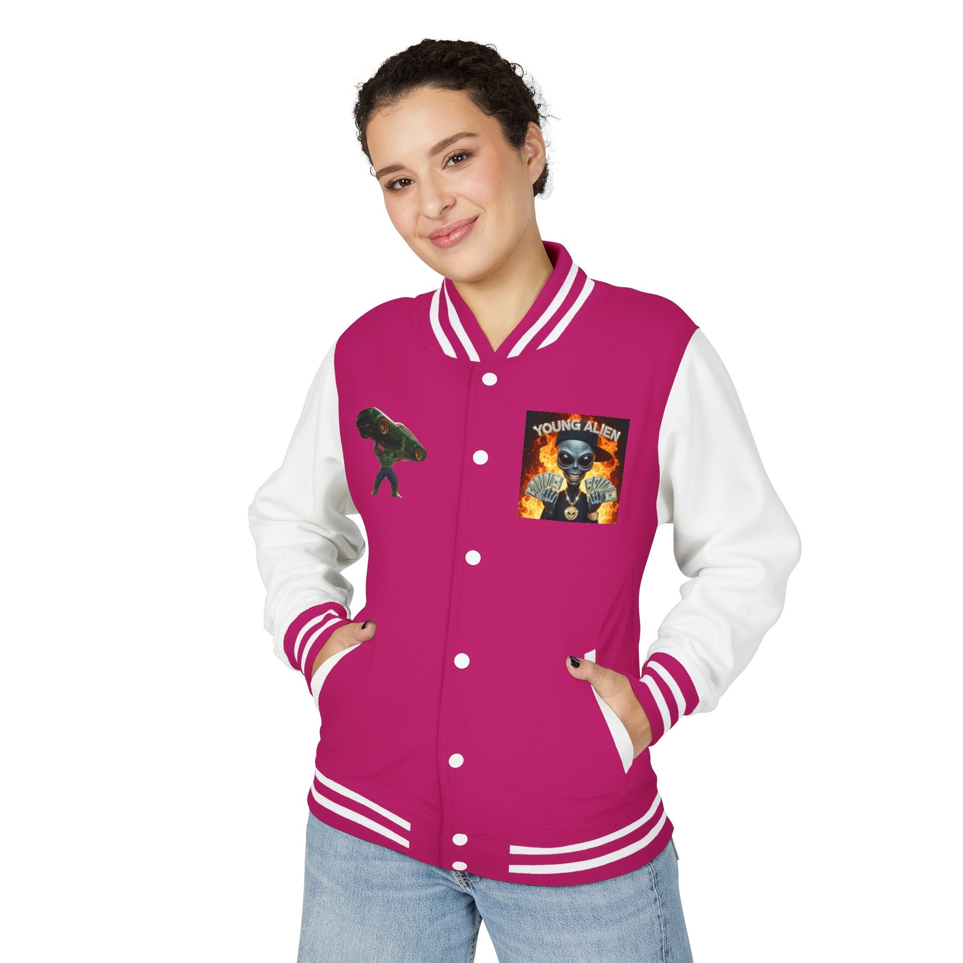 Youthful Alien Vibes Letterman Jacket, Retro Style Unisex Jacket, Trendy Outerwear, Casual Streetwear, Unique Gift for Teenagers