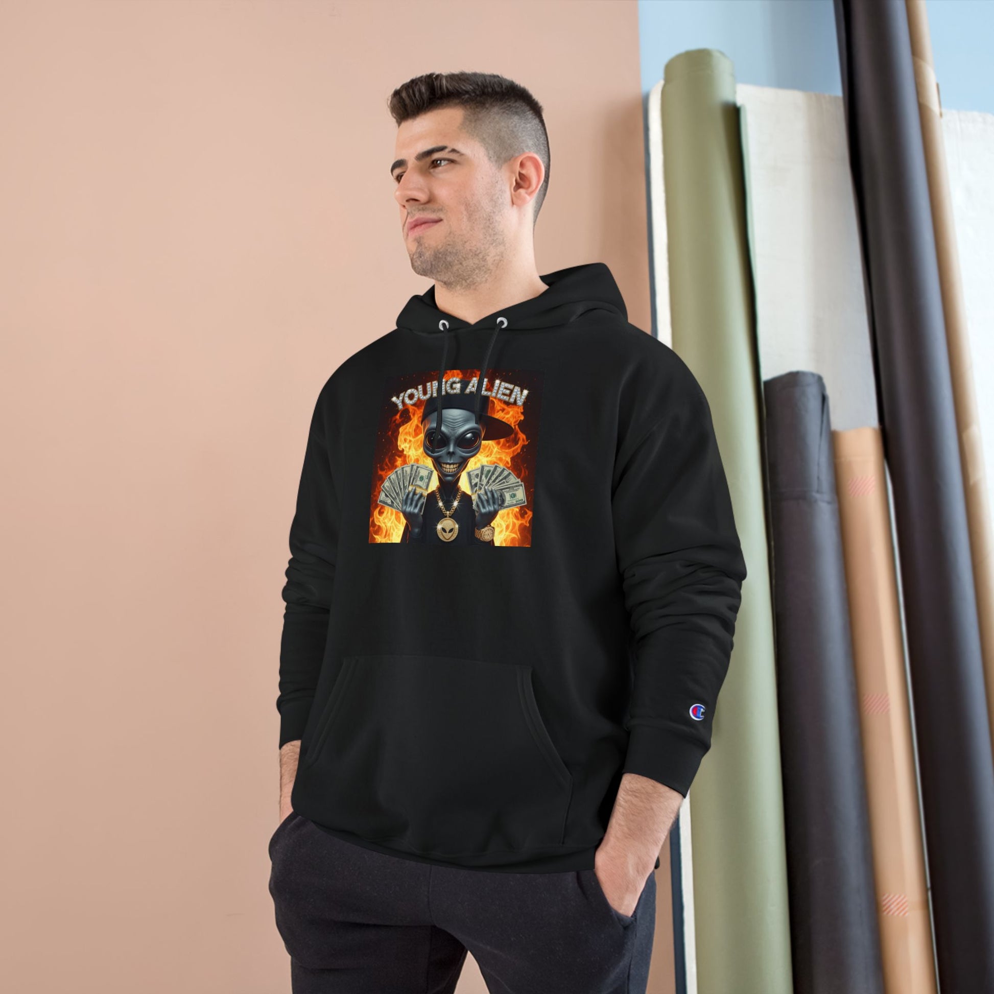Young Alien Champion Hoodie - Stylish Streetwear, Unique Graphic Sweatshirt, Unisex Pullover, Perfect for Gifting, Trendy Urban Fashion