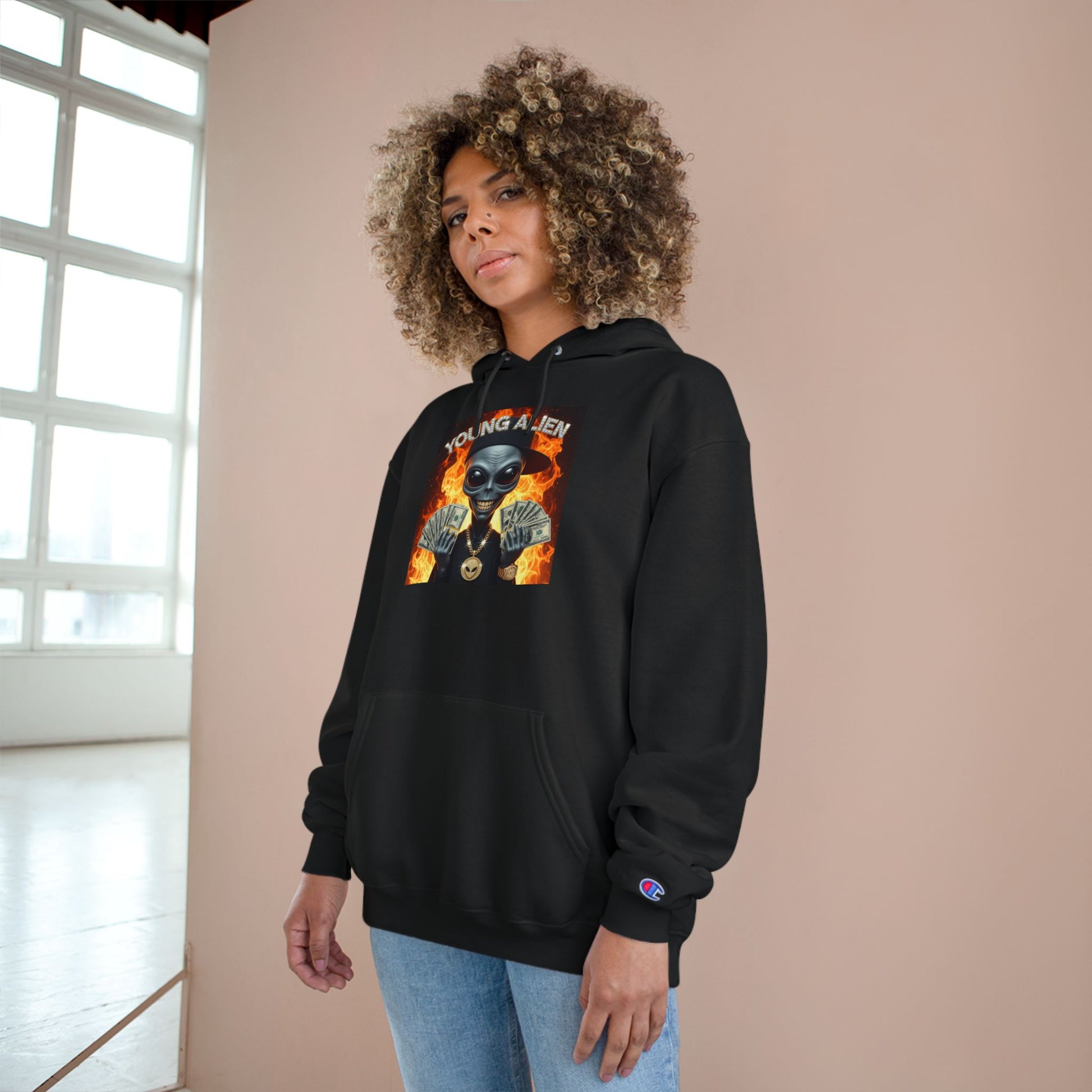 Young Alien Champion Hoodie - Stylish Streetwear, Unique Graphic Sweatshirt, Unisex Pullover, Perfect for Gifting, Trendy Urban Fashion