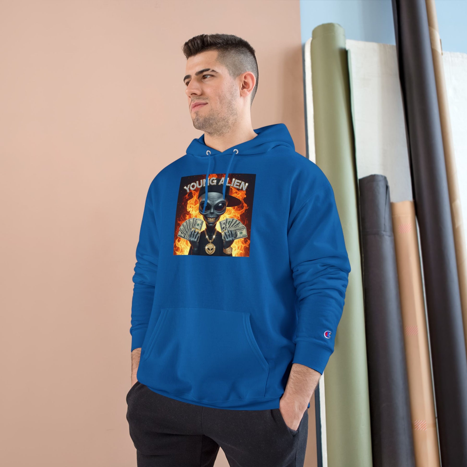 Young Alien Champion Hoodie - Stylish Streetwear, Unique Graphic Sweatshirt, Unisex Pullover, Perfect for Gifting, Trendy Urban Fashion