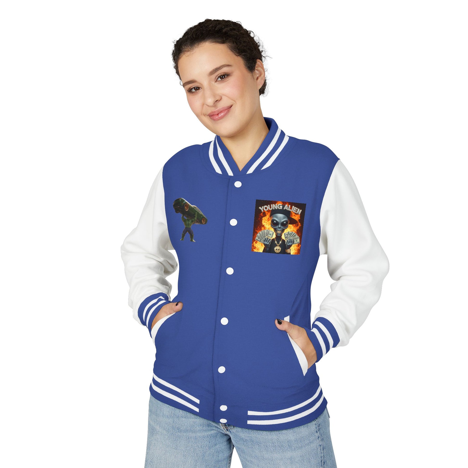 Youthful Alien Vibes Letterman Jacket, Retro Style Unisex Jacket, Trendy Outerwear, Casual Streetwear, Unique Gift for Teenagers