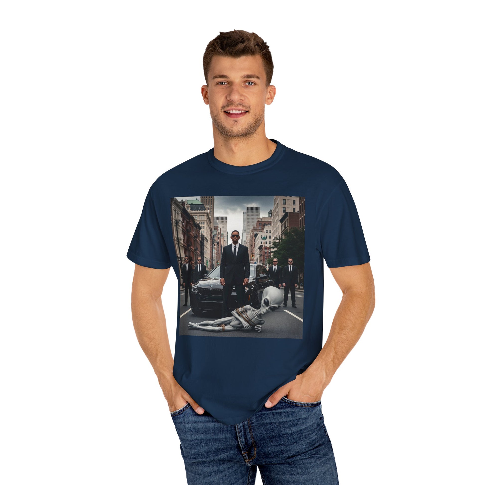 Alien Encounter T-Shirt - Unisex Garment-Dyed Tee, Fun Gift for Sci-Fi Fans, Casual Wear, Halloween Costume, Unique Collectible