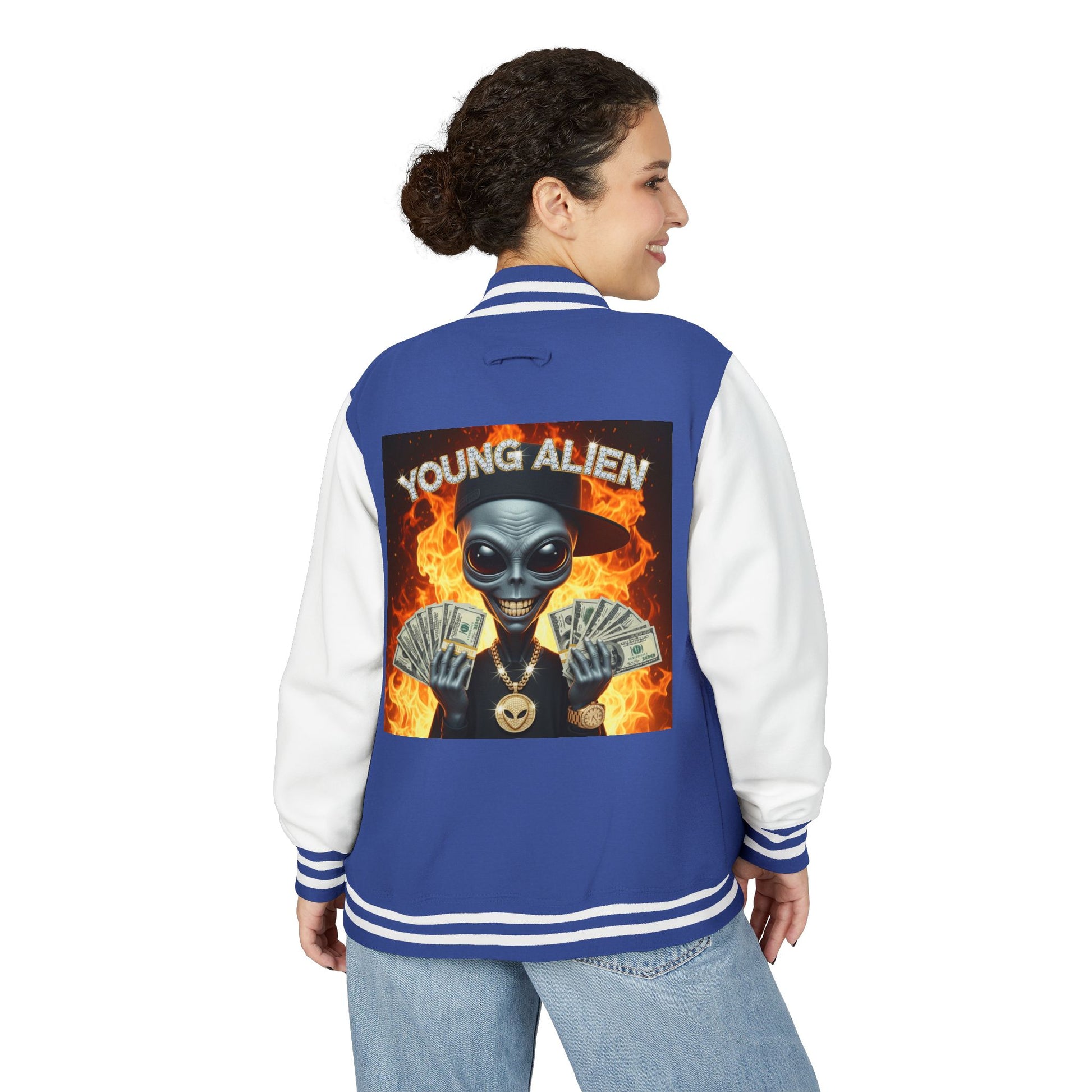 Youthful Alien Vibes Letterman Jacket, Retro Style Unisex Jacket, Trendy Outerwear, Casual Streetwear, Unique Gift for Teenagers