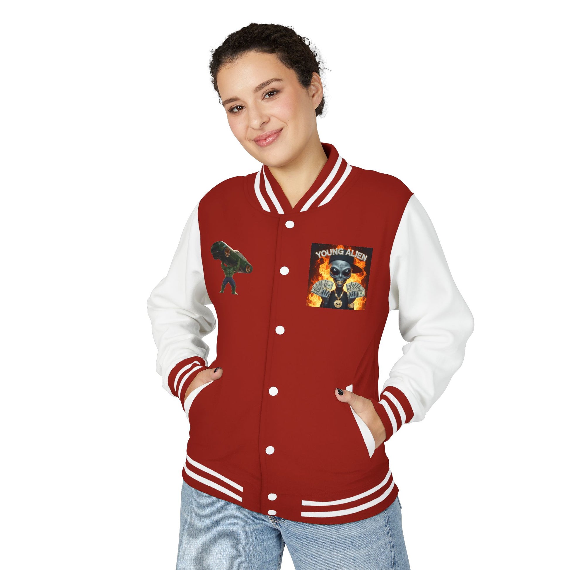 Youthful Alien Vibes Letterman Jacket, Retro Style Unisex Jacket, Trendy Outerwear, Casual Streetwear, Unique Gift for Teenagers