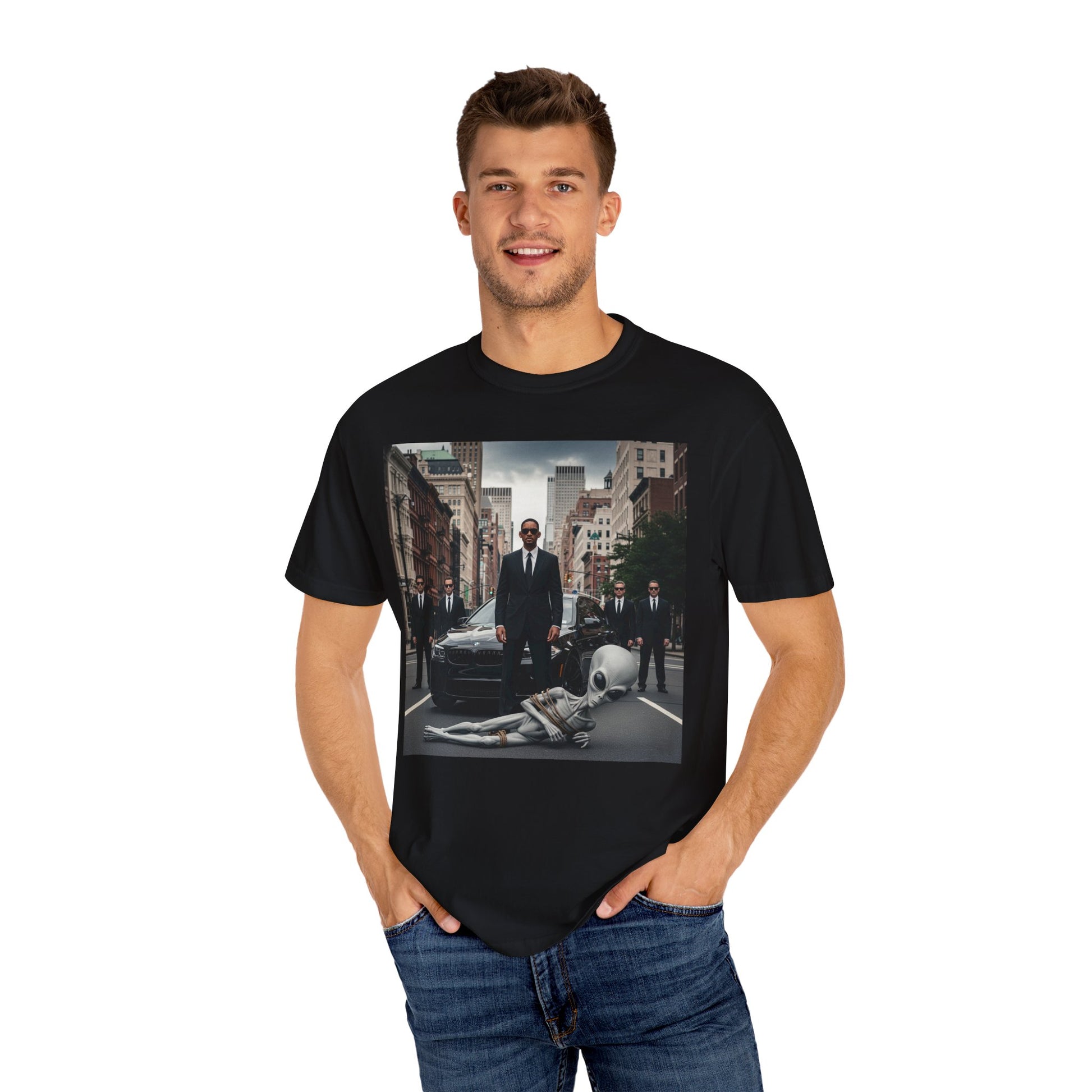 Alien Encounter T-Shirt - Unisex Garment-Dyed Tee, Fun Gift for Sci-Fi Fans, Casual Wear, Halloween Costume, Unique Collectible