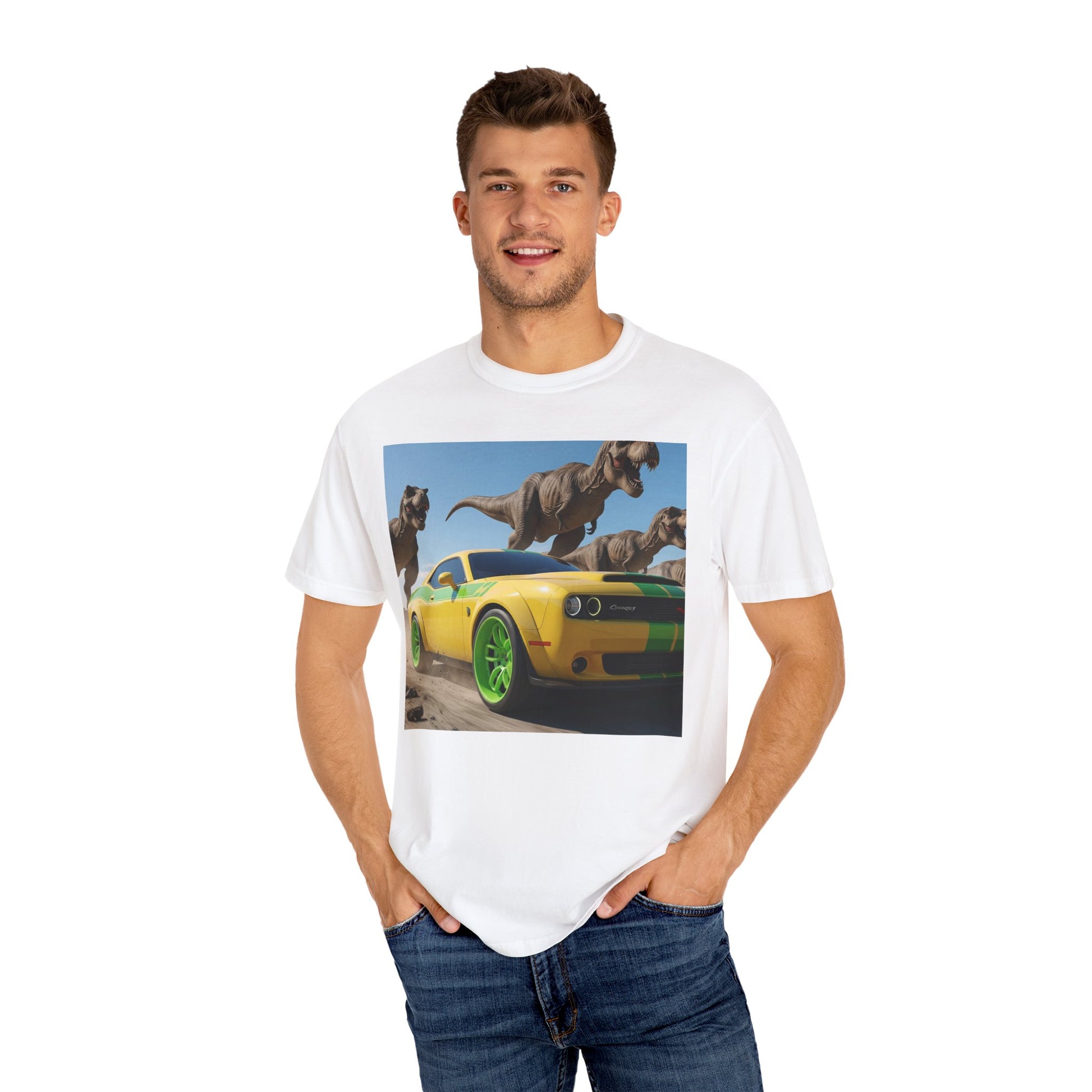 Dinosaur Car Adventure T-Shirt, Fun Graphic Tee, Unisex Casual Shirt, Gift for Car Lovers, Dino Theme Shirt, Summer Wardrobe Essential