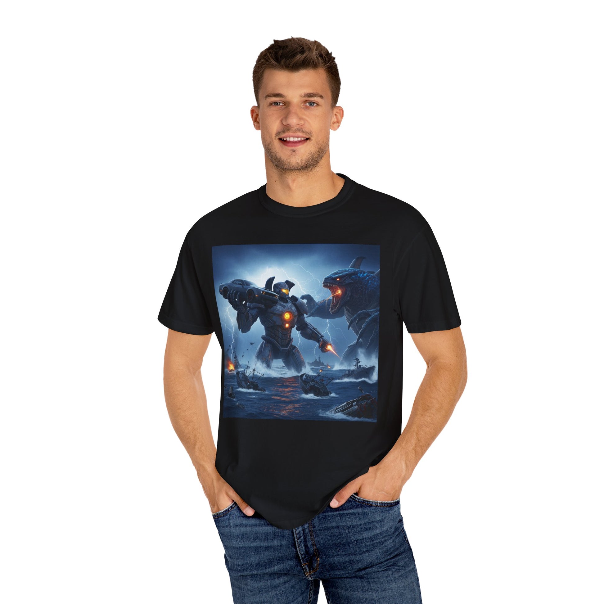 Epic Robot Battle Unisex T-shirt | Sci-Fi Art Tee, Gift for Gamers, Unique Vintage Vibe, Casual Everyday Wear, Perfect for Conventions