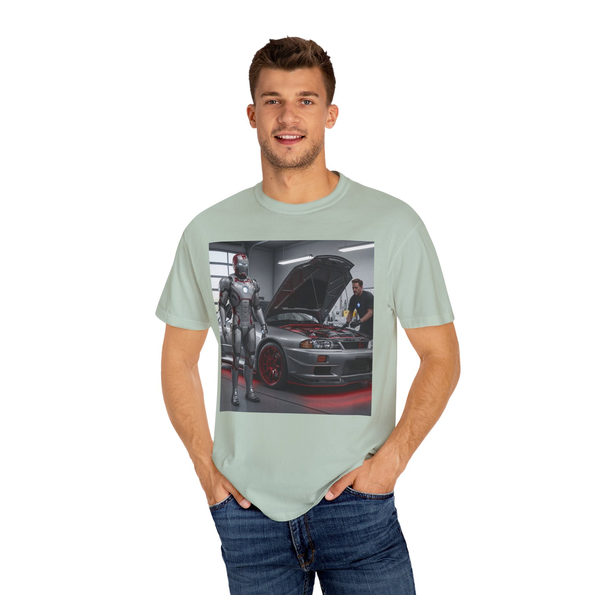 Iron Hero Garage Unisex T-Shirt, Car Lovers Gift, Automotive Fan Tee, Geek Chic Apparel, Perfect for Birthdays, Father's Day