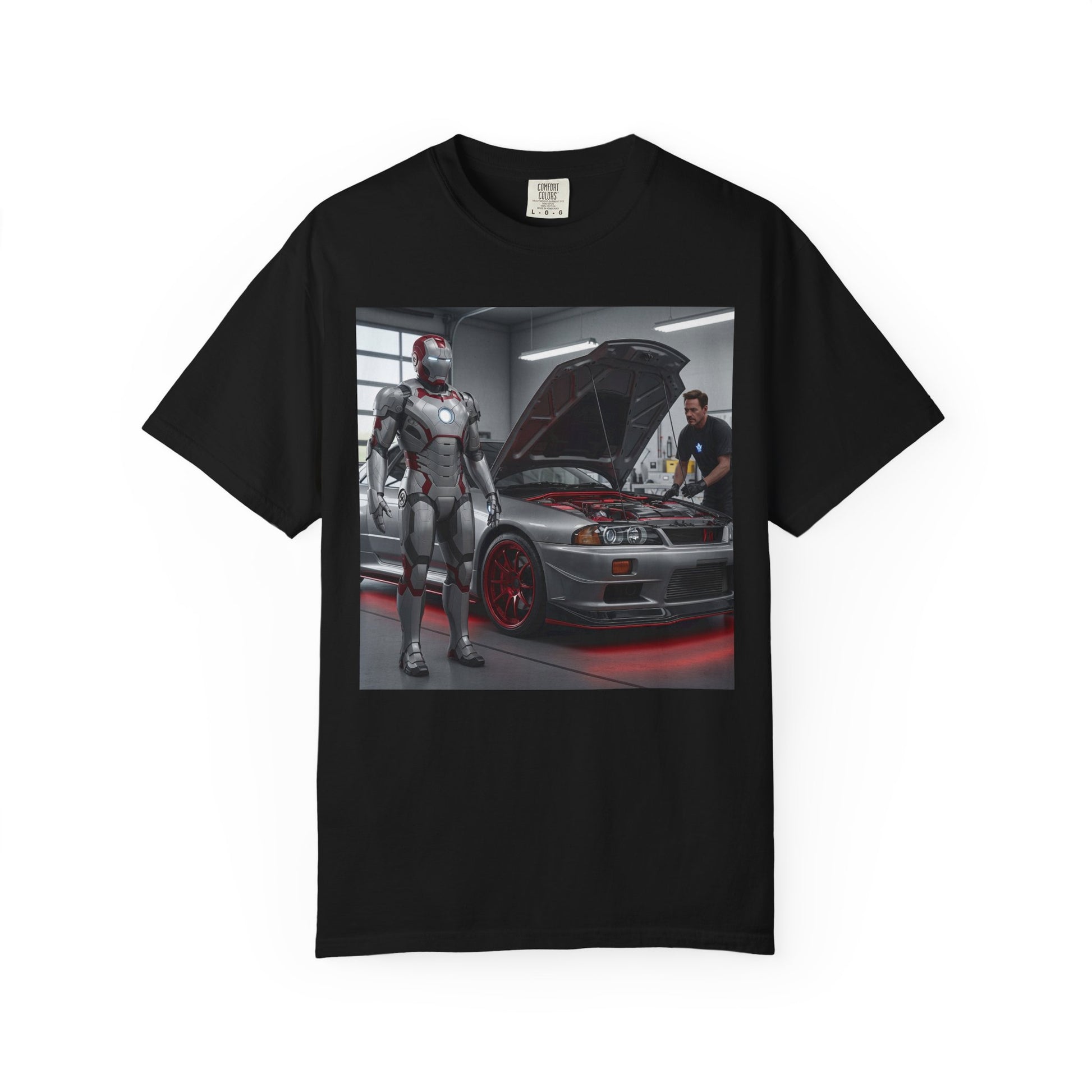 Iron Hero Garage Unisex T-Shirt, Car Lovers Gift, Automotive Fan Tee, Geek Chic Apparel, Perfect for Birthdays, Father's Day