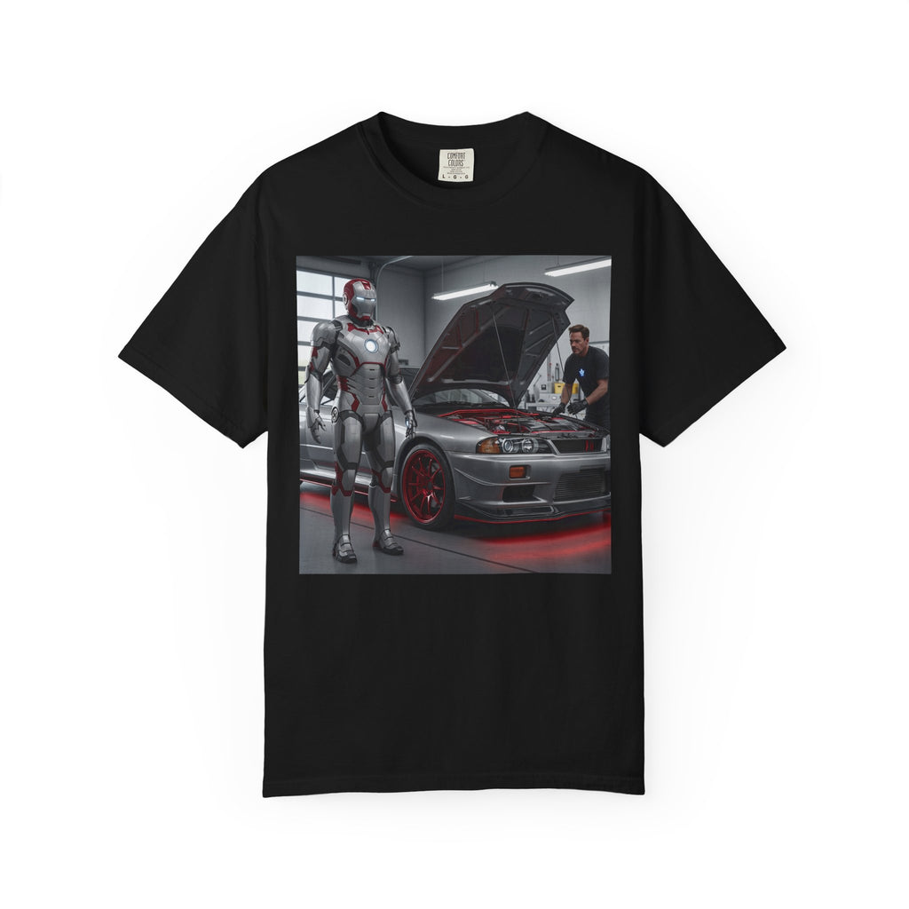 Iron Hero Garage Unisex T-Shirt, Car Lovers Gift, Automotive Fan Tee, Geek Chic Apparel, Perfect for Birthdays, Father's Day