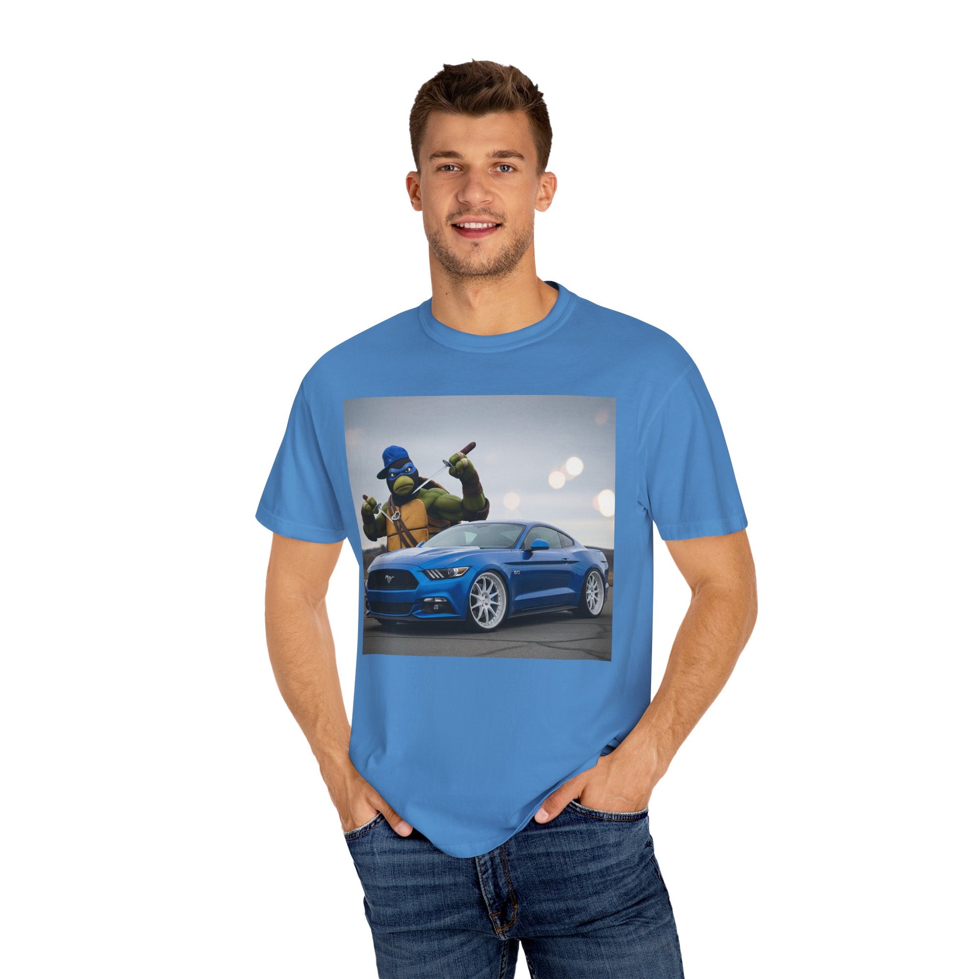 Cool Graphic Tee with Cartoon Character and Mustang Car, Fun Gift for Teenagers, Car Lovers, and Gamers, Great for Birthdays, Casual Wear