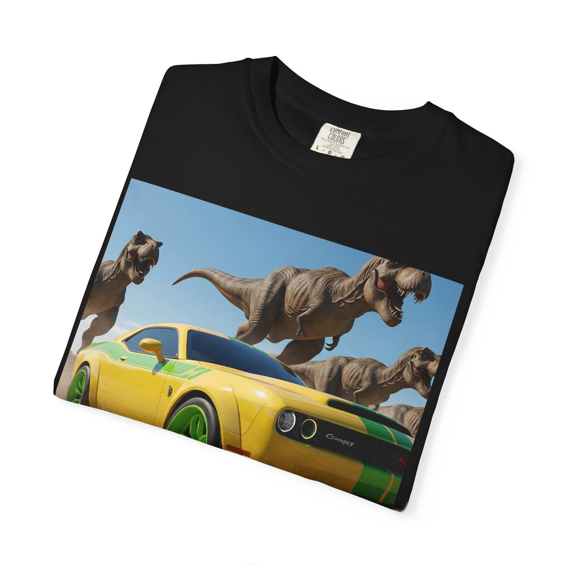 Dinosaur Car Adventure T-Shirt, Fun Graphic Tee, Unisex Casual Shirt, Gift for Car Lovers, Dino Theme Shirt, Summer Wardrobe Essential
