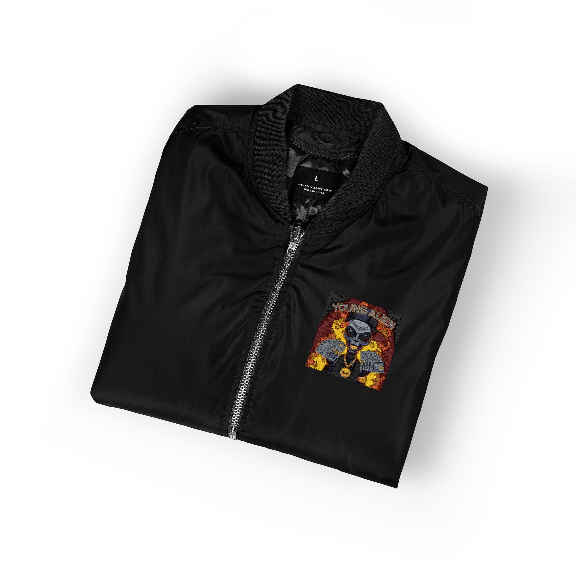 Eco-Friendly Embroidered Bomber Jacket, Stylish Outerwear, Streetwear Fashion, Unique Gift for Him, Recycled Material Jacket