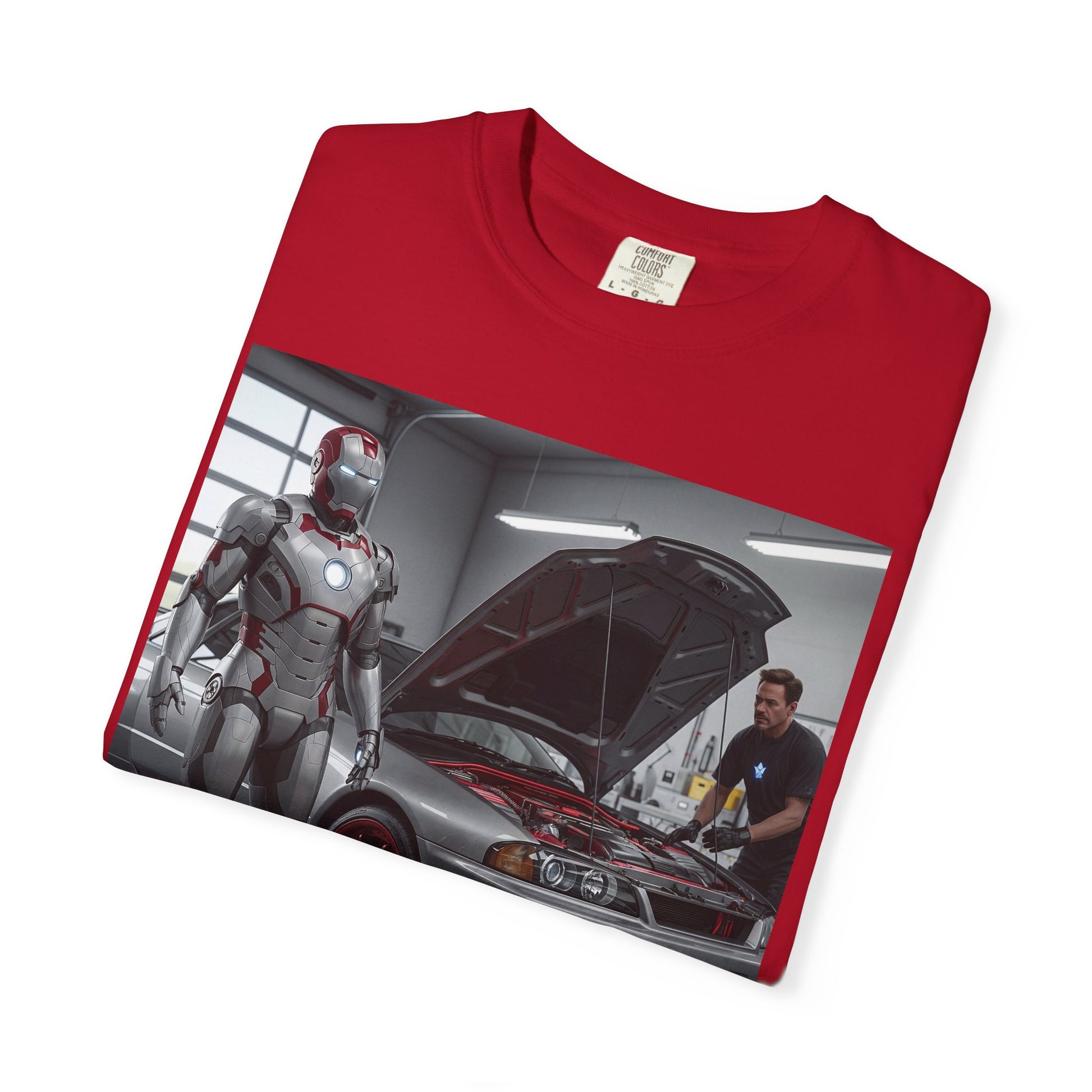 Iron Hero Garage Unisex T-Shirt, Car Lovers Gift, Automotive Fan Tee, Geek Chic Apparel, Perfect for Birthdays, Father's Day
