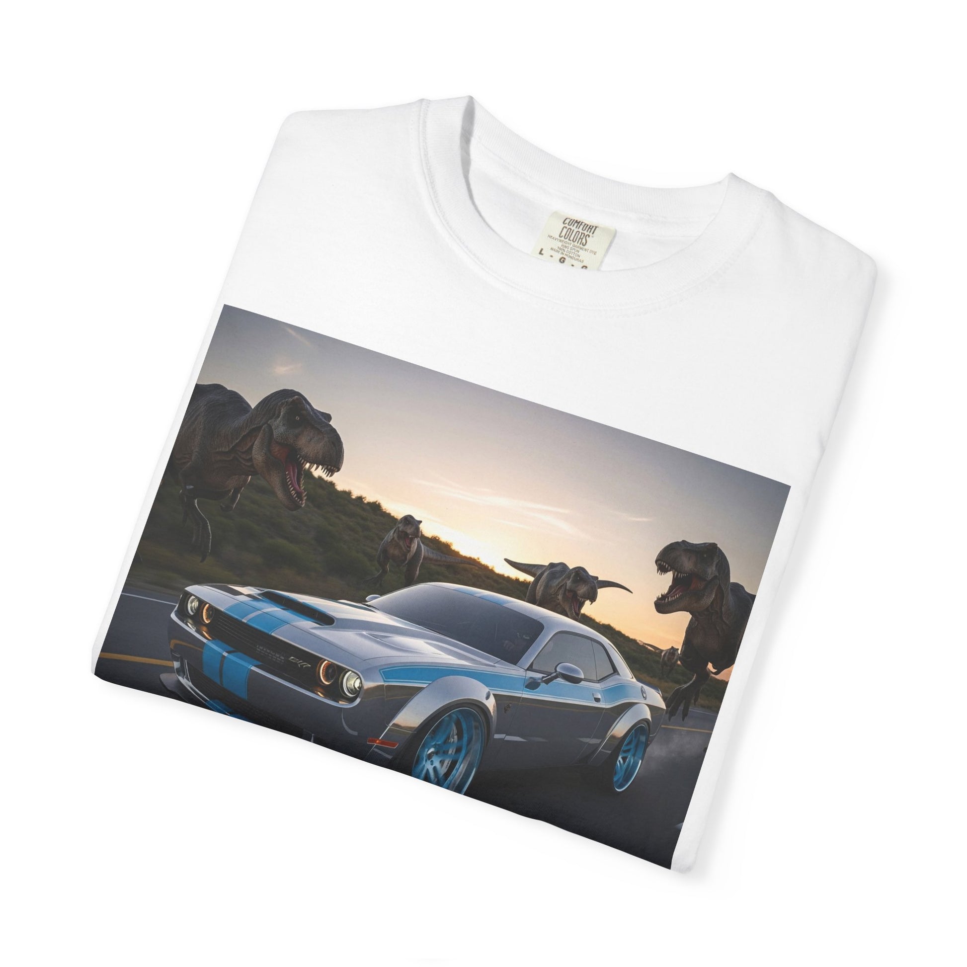 Dino Chase Unisex T-Shirt, Gift for Car Lovers, Jurassic Theme Tee, Adventure Shirt for Boys, Fun Gift for Teens