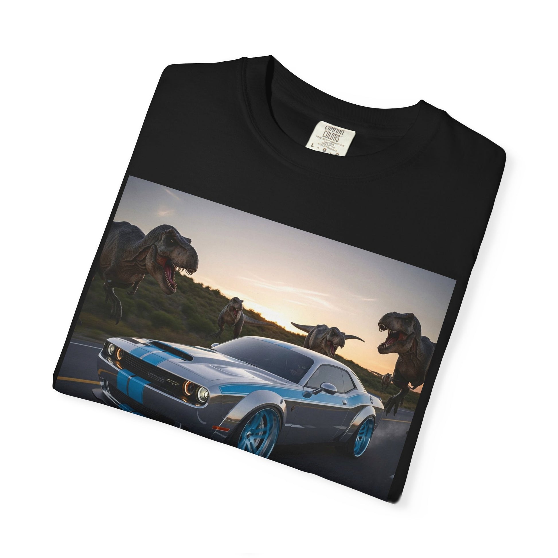 Dino Chase Unisex T-Shirt, Gift for Car Lovers, Jurassic Theme Tee, Adventure Shirt for Boys, Fun Gift for Teens