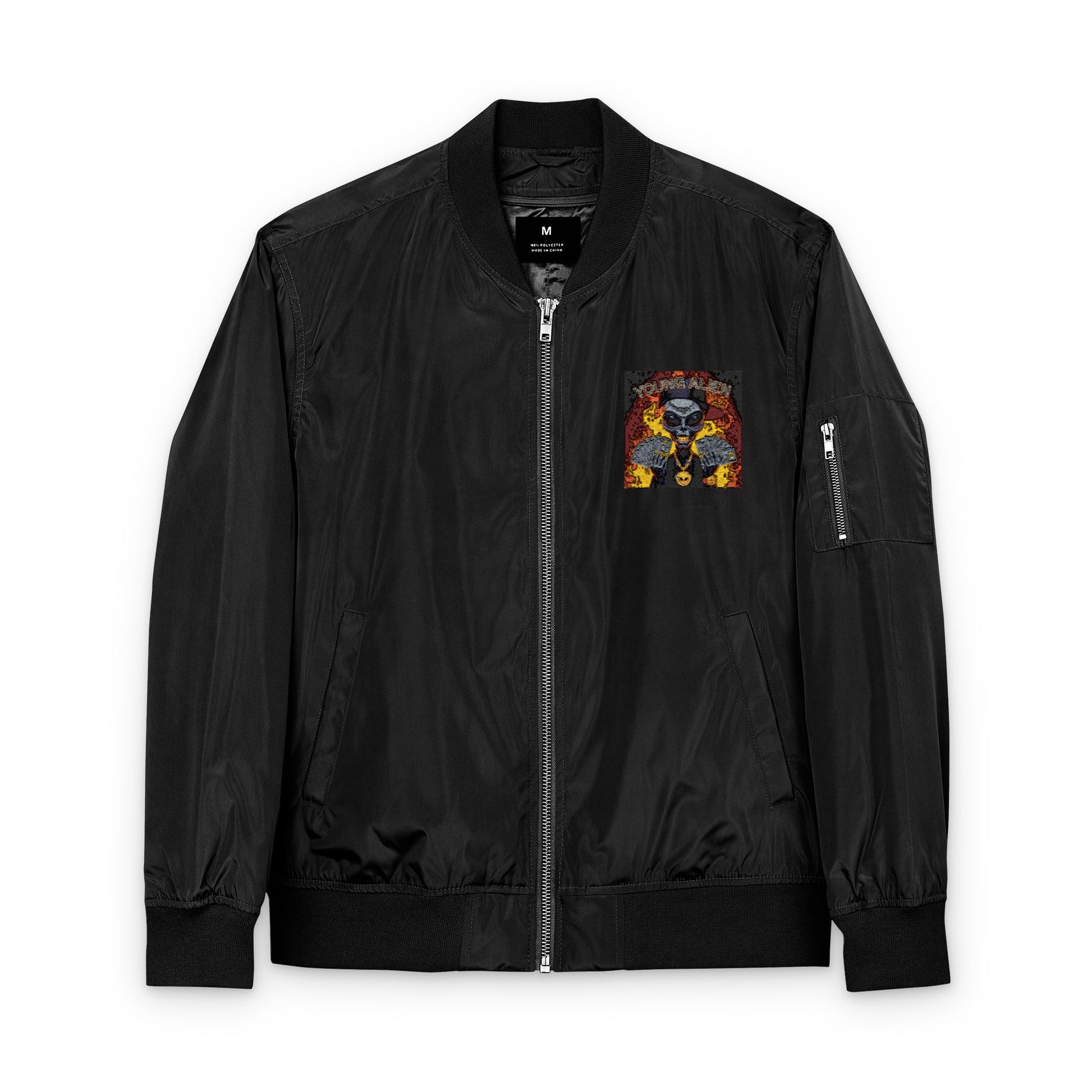 Eco-Friendly Embroidered Bomber Jacket, Stylish Outerwear, Streetwear Fashion, Unique Gift for Him, Recycled Material Jacket