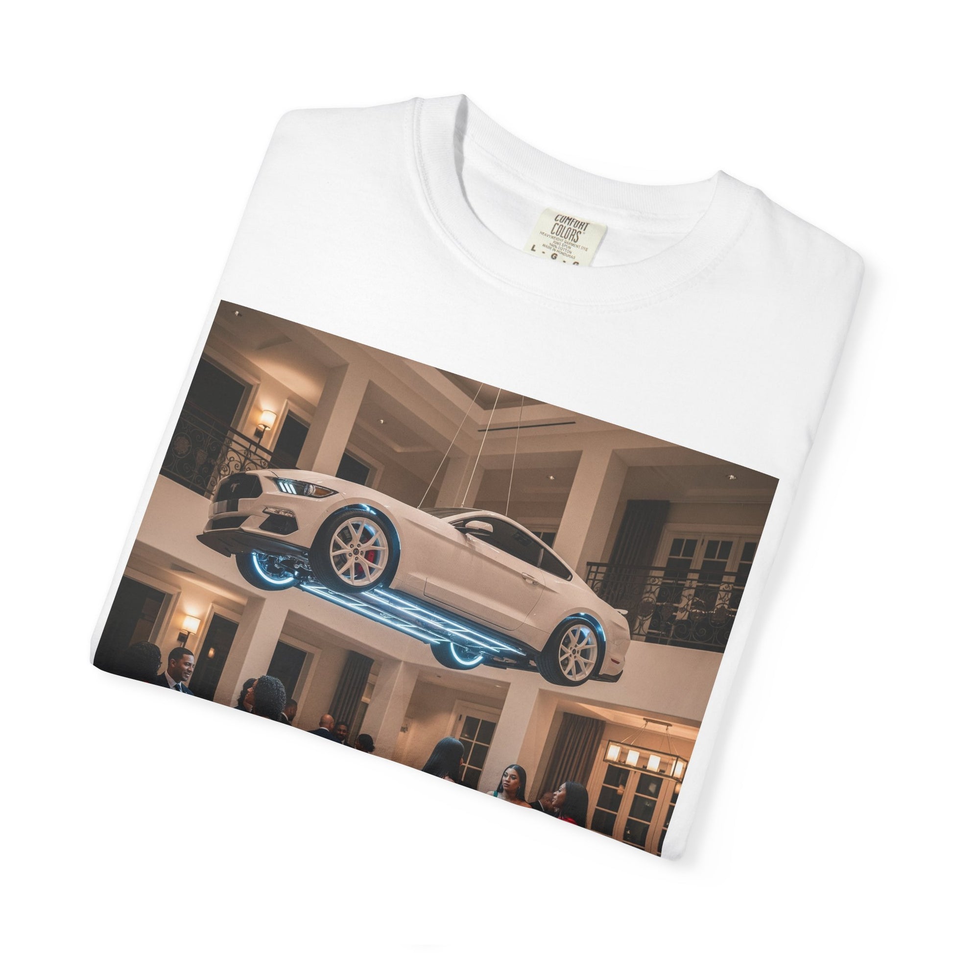 Floating Car T-shirt, Unisex Garment-Dyed Tee, Unique Graphic Tee, Casual Wear for Car Lovers, Trendy Streetwear
