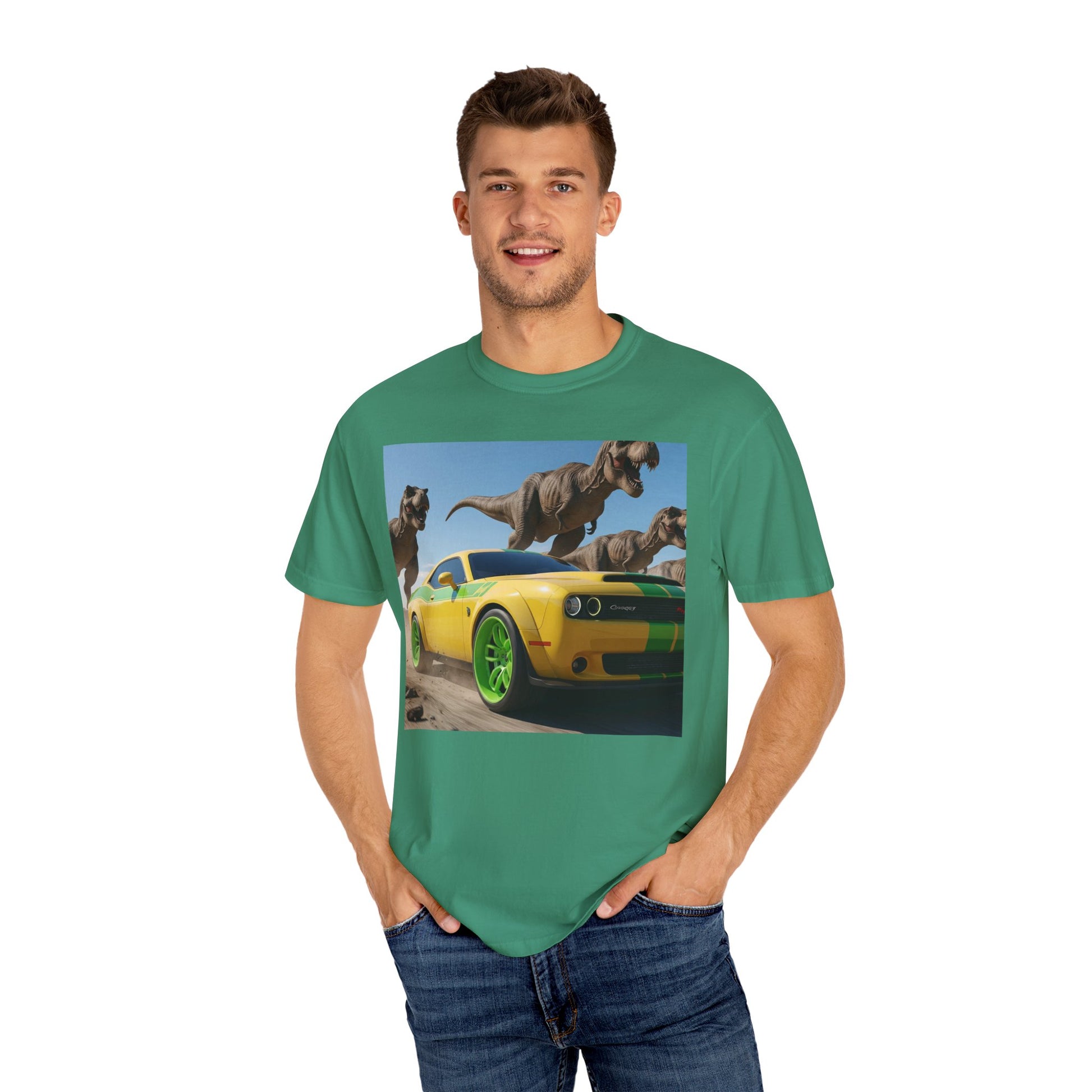 Dinosaur Car Adventure T-Shirt, Fun Graphic Tee, Unisex Casual Shirt, Gift for Car Lovers, Dino Theme Shirt, Summer Wardrobe Essential