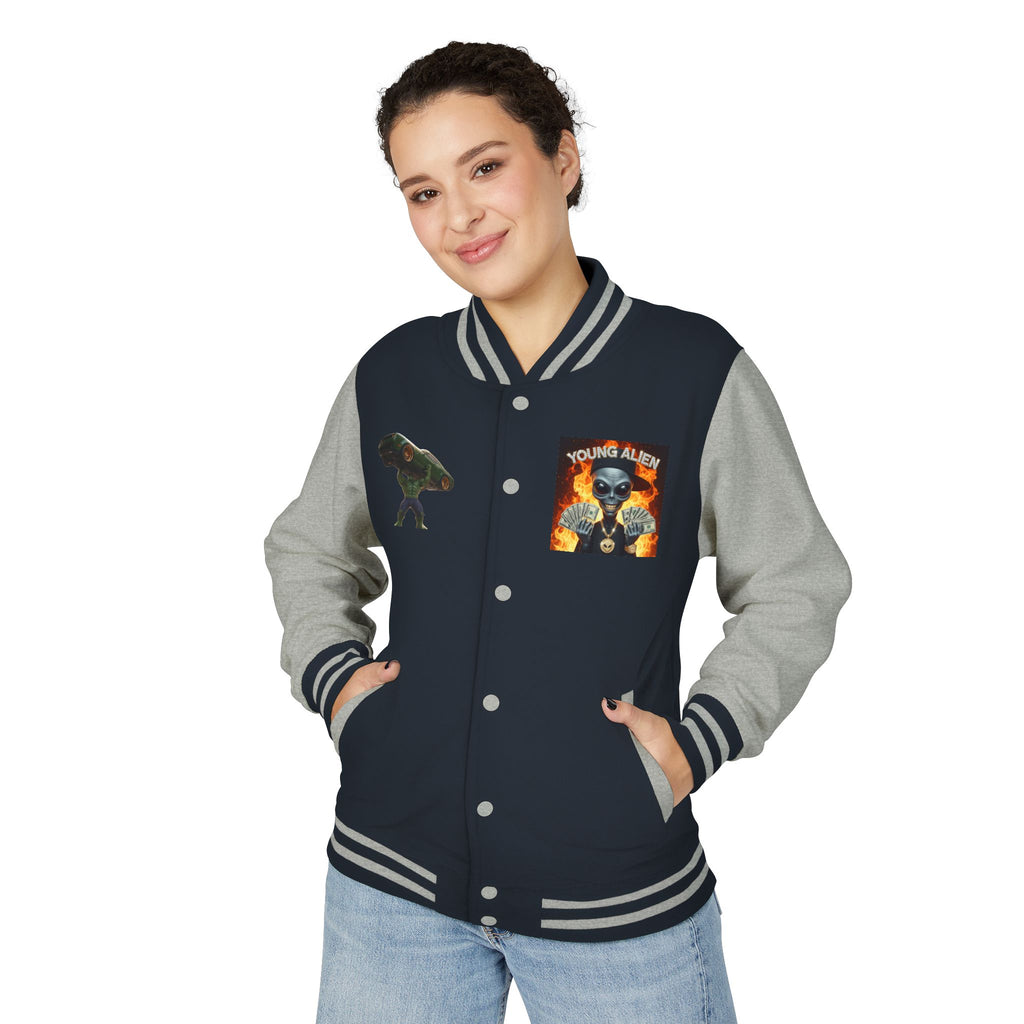 Youthful Alien Vibes Letterman Jacket, Retro Style Unisex Jacket, Trendy Outerwear, Casual Streetwear, Unique Gift for Teenagers