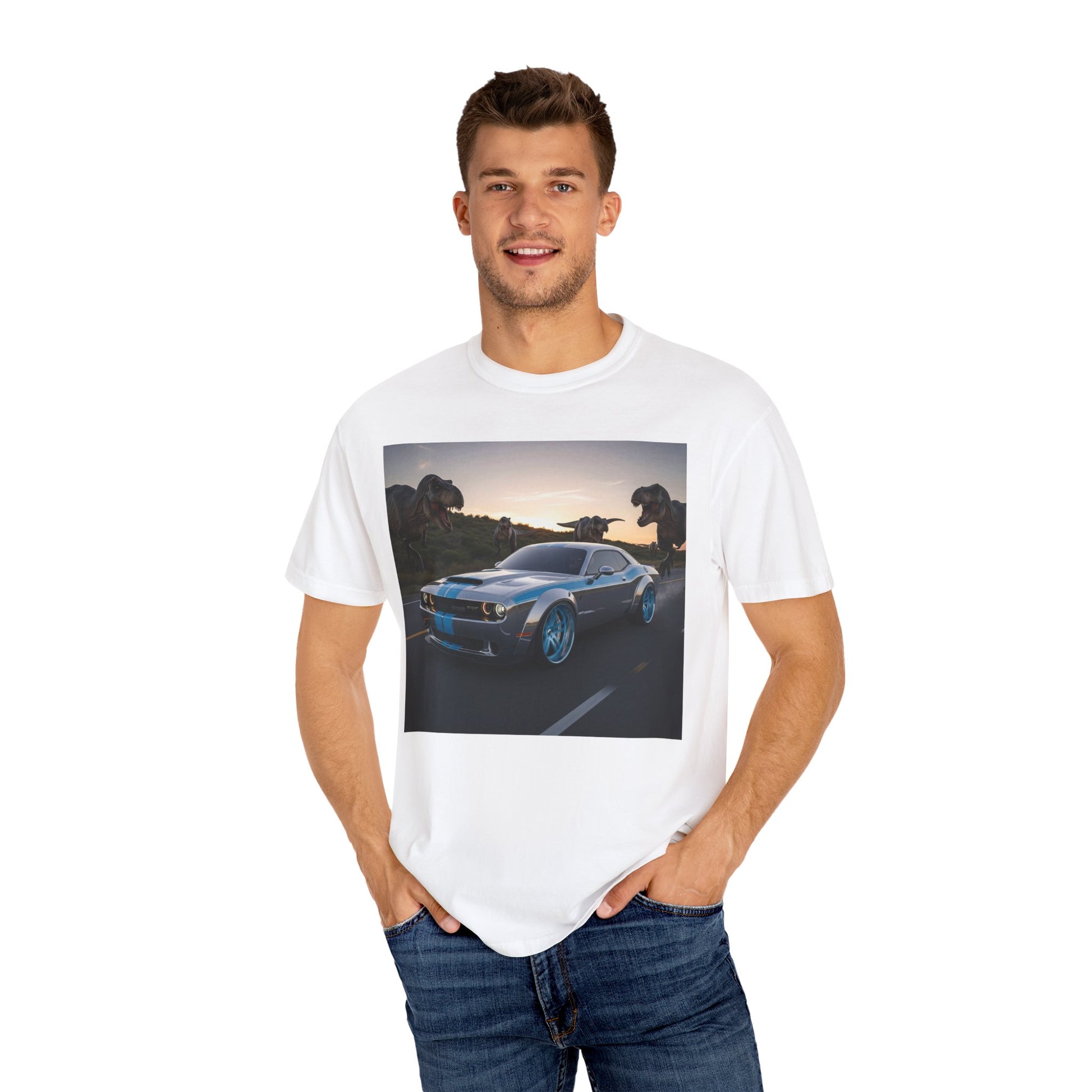 Dino Chase Unisex T-Shirt, Gift for Car Lovers, Jurassic Theme Tee, Adventure Shirt for Boys, Fun Gift for Teens