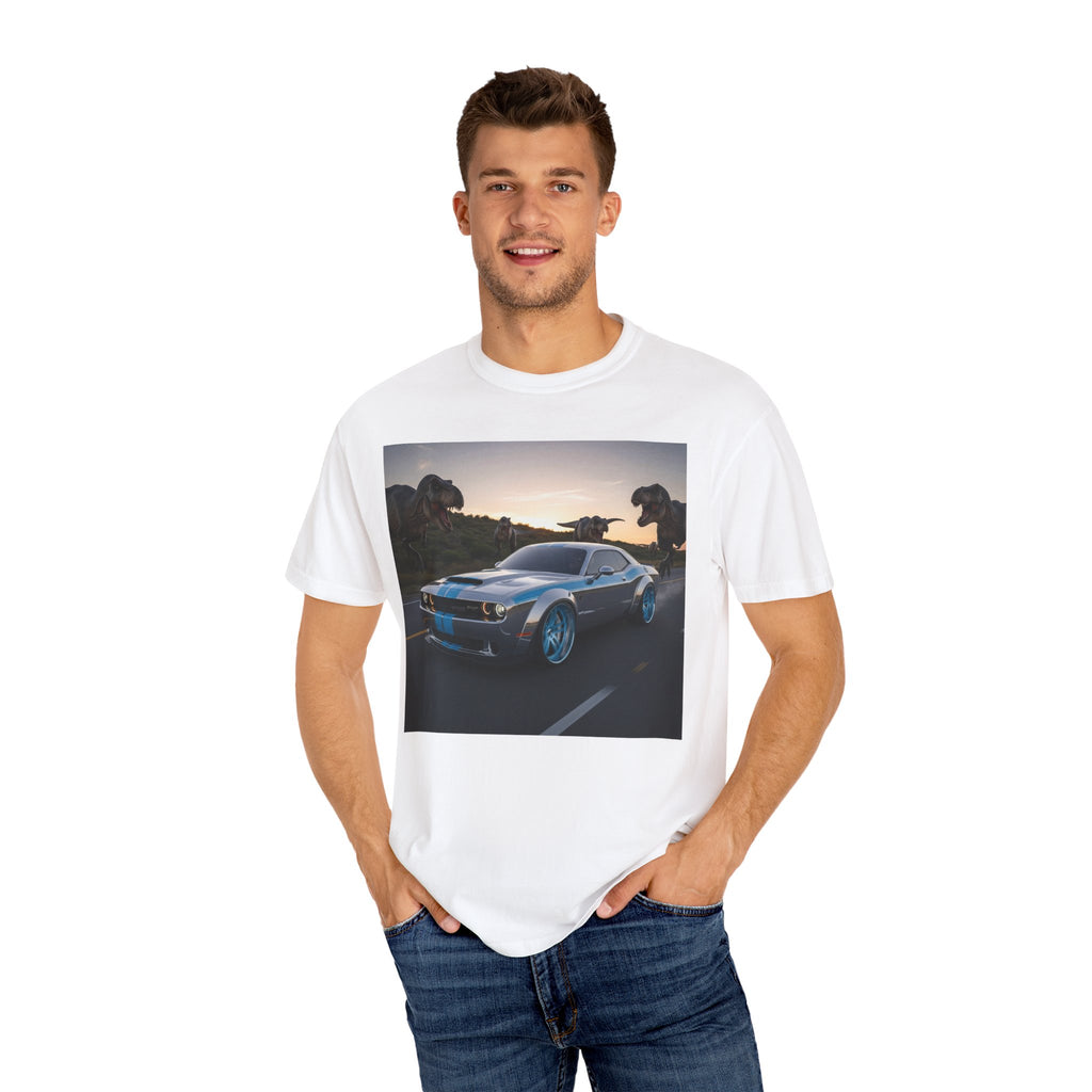 Dino Chase Unisex T-Shirt, Gift for Car Lovers, Jurassic Theme Tee, Adventure Shirt for Boys, Fun Gift for Teens