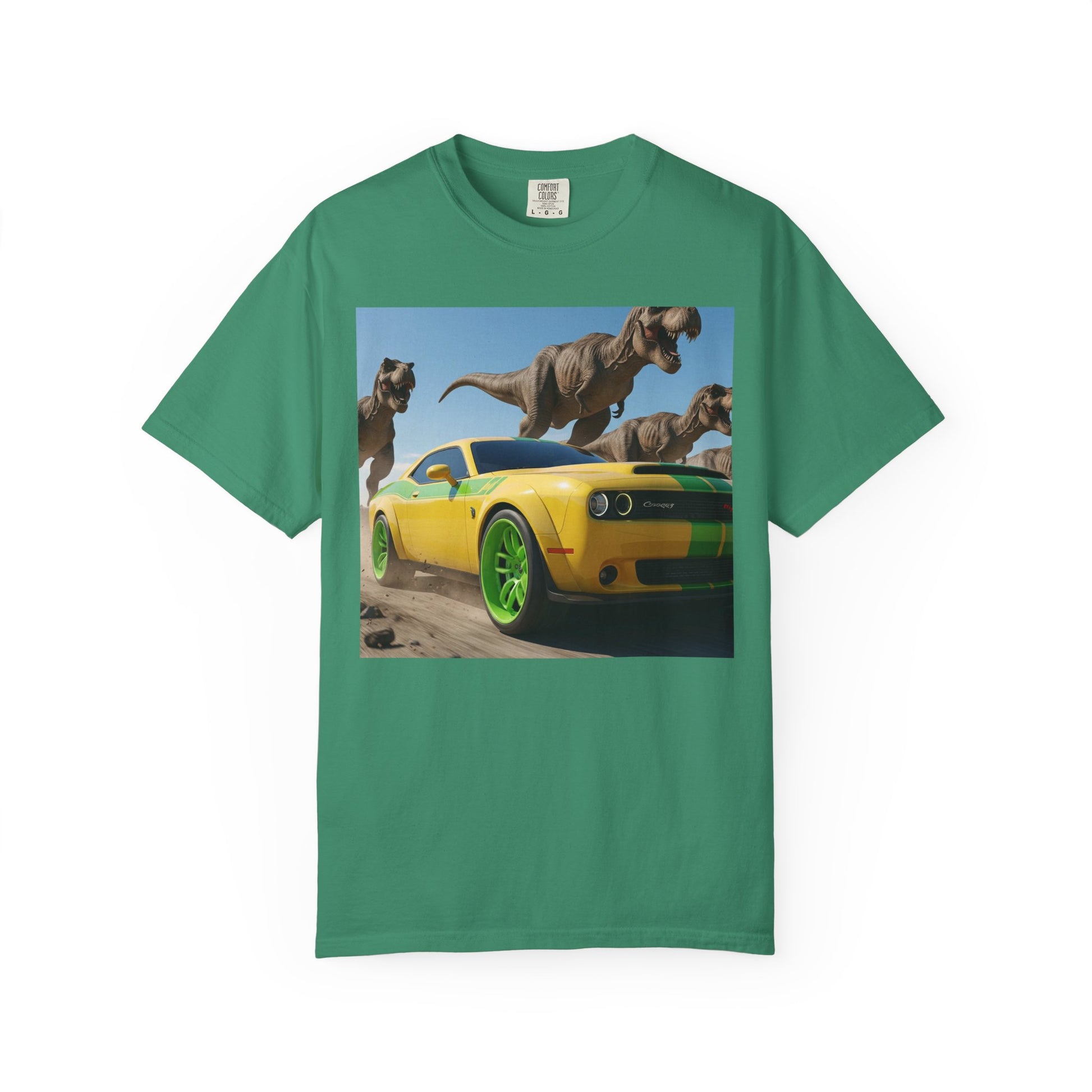 Dinosaur Car Adventure T-Shirt, Fun Graphic Tee, Unisex Casual Shirt, Gift for Car Lovers, Dino Theme Shirt, Summer Wardrobe Essential