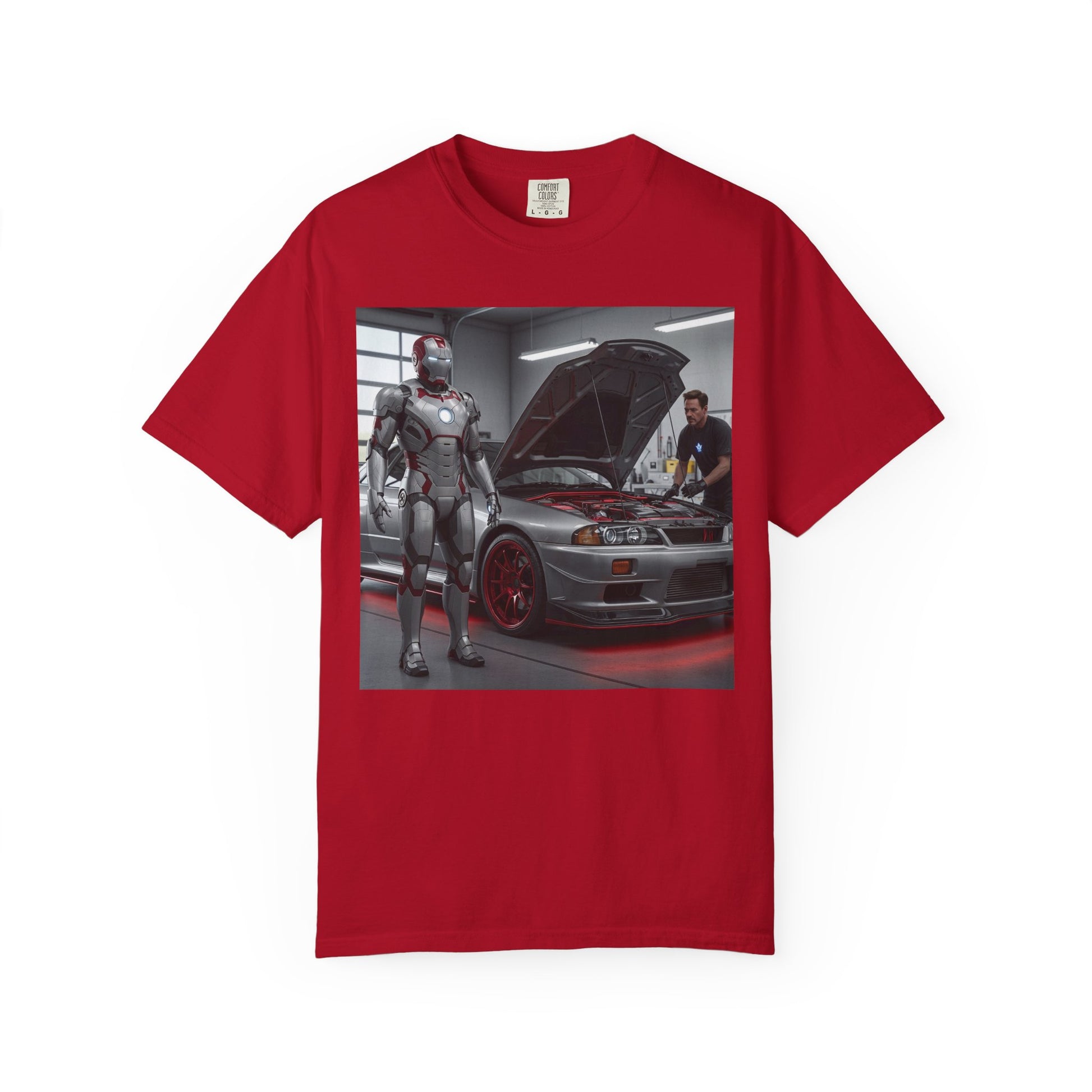 Iron Hero Garage Unisex T-Shirt, Car Lovers Gift, Automotive Fan Tee, Geek Chic Apparel, Perfect for Birthdays, Father's Day