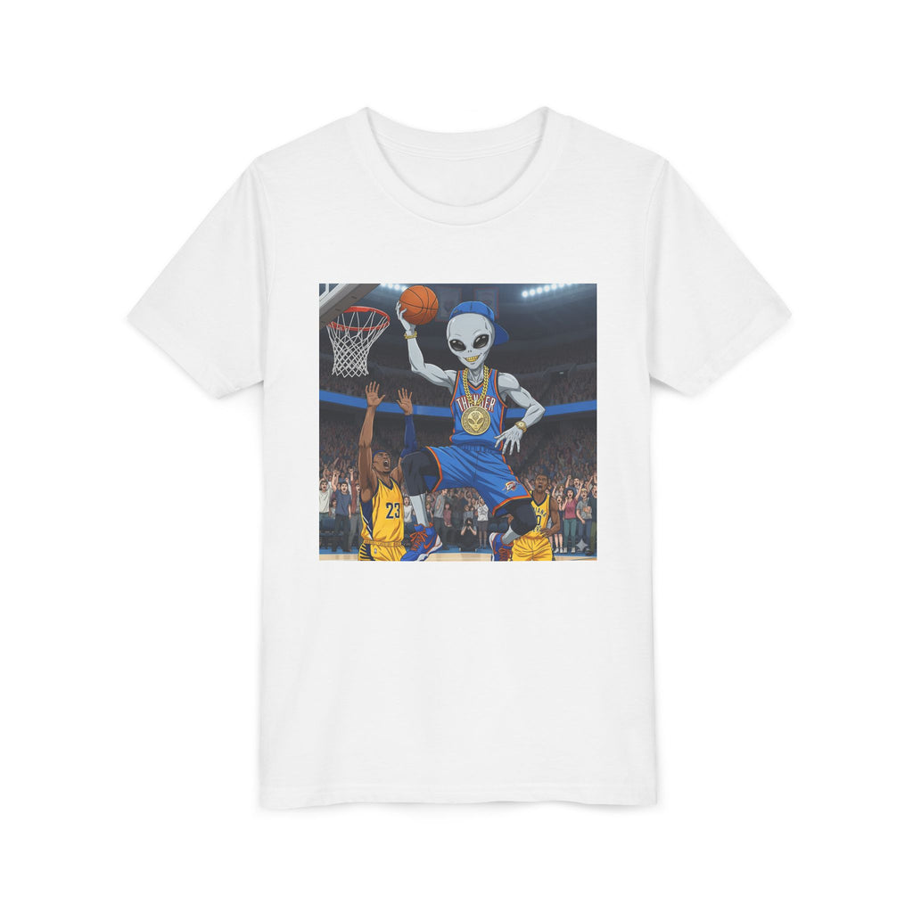 Youth Basketball Alien Tee, Fun Kid's T-Shirt, Cute Gift for Sports Lovers, Birthday Party Attire, Trendy Graphic Tee