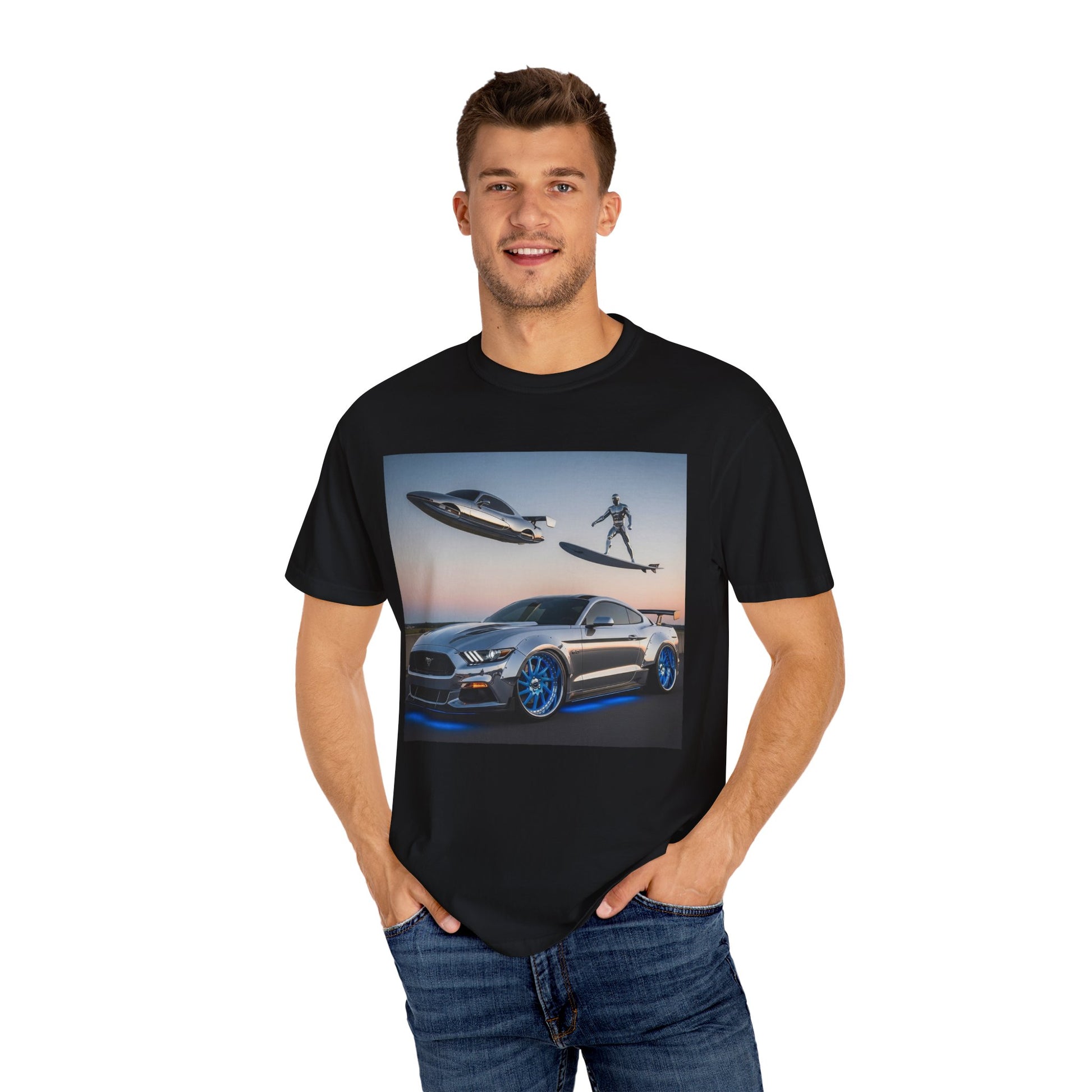 Sleek Car & Surfing T-Shirt, Cool Graphic Tee, Unisex Vintage T-Shirt, Automotive Lover Gift, Summer Fun Shirt