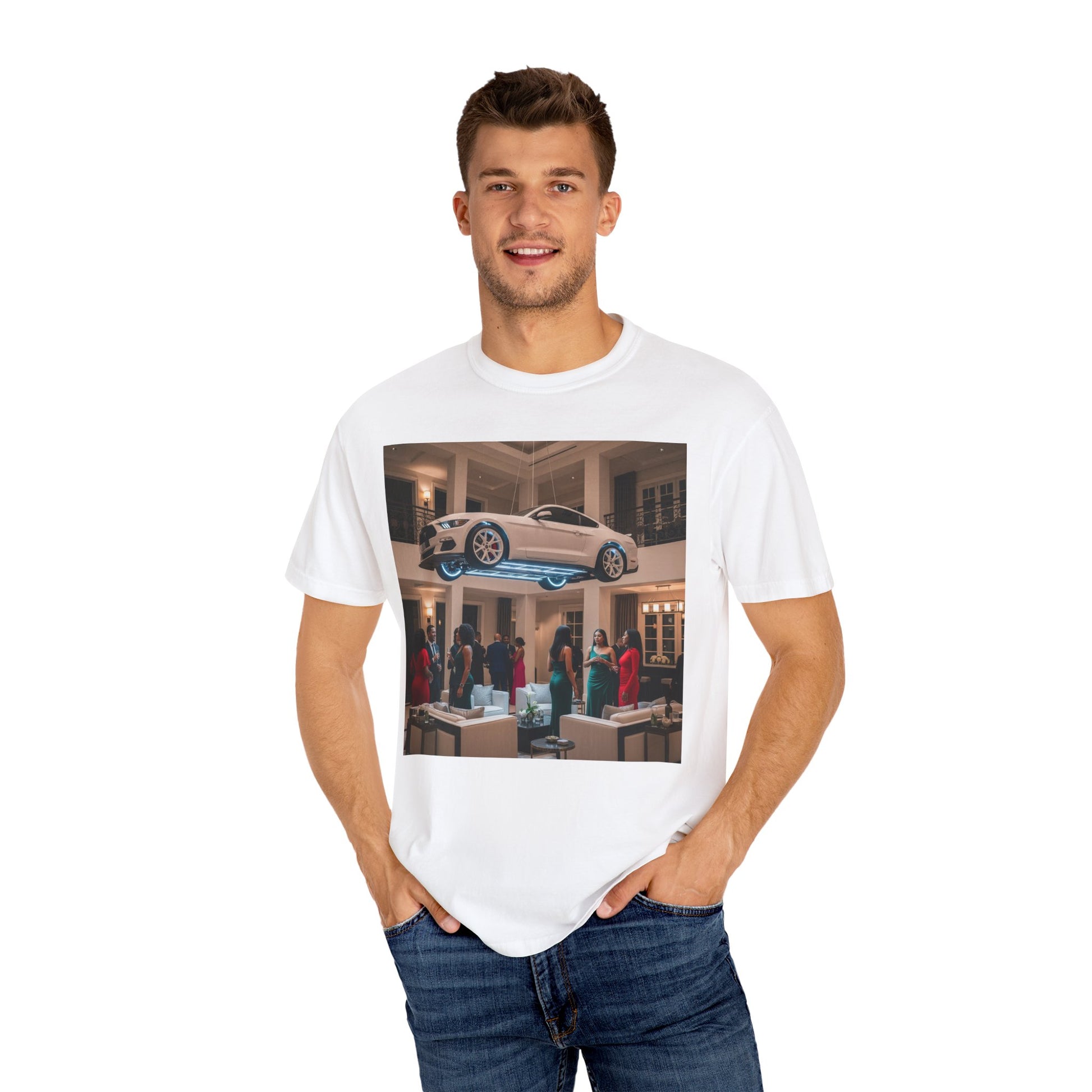 Floating Car T-shirt, Unisex Garment-Dyed Tee, Unique Graphic Tee, Casual Wear for Car Lovers, Trendy Streetwear