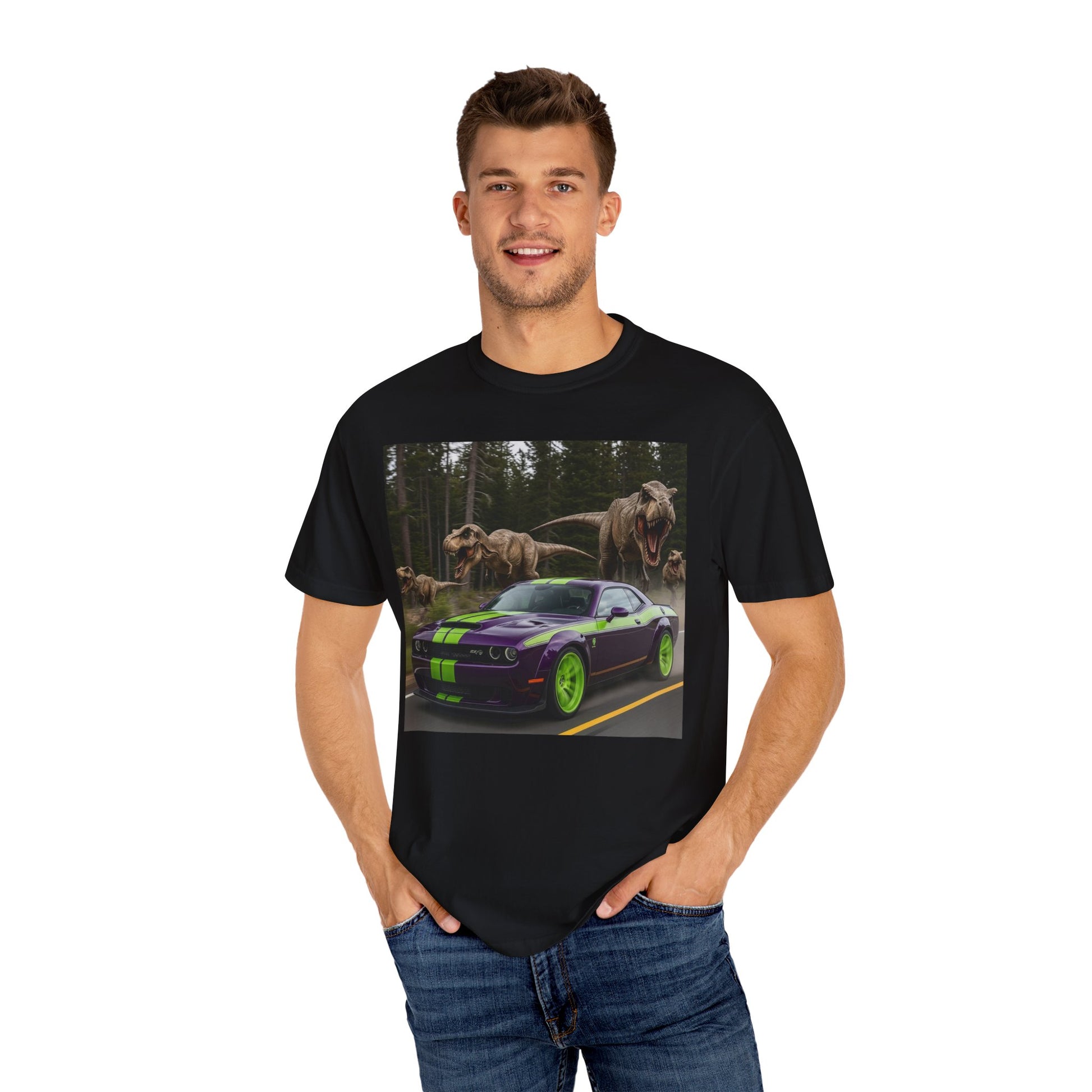 Dinosaur Race T-Shirt, Unisex Garment-Dyed Tee for Car Lovers, Dinosaur Lovers Gift, Fun Graphic Tee, Casual Wear, Gift for Him/Her