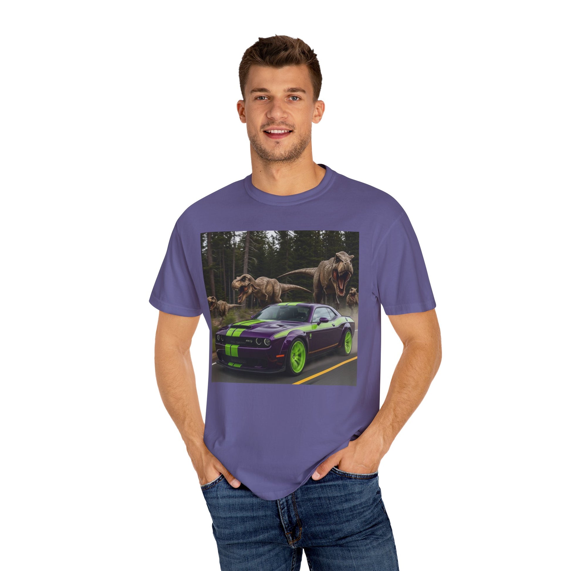 Dinosaur Race T-Shirt, Unisex Garment-Dyed Tee for Car Lovers, Dinosaur Lovers Gift, Fun Graphic Tee, Casual Wear, Gift for Him/Her