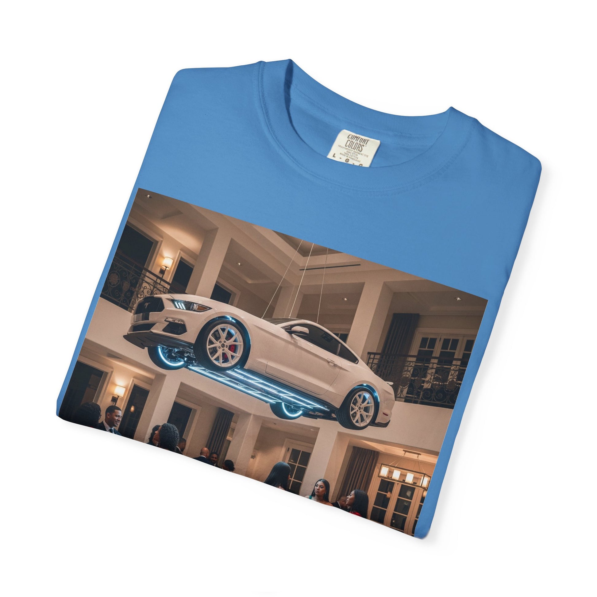 Floating Car T-shirt, Unisex Garment-Dyed Tee, Unique Graphic Tee, Casual Wear for Car Lovers, Trendy Streetwear