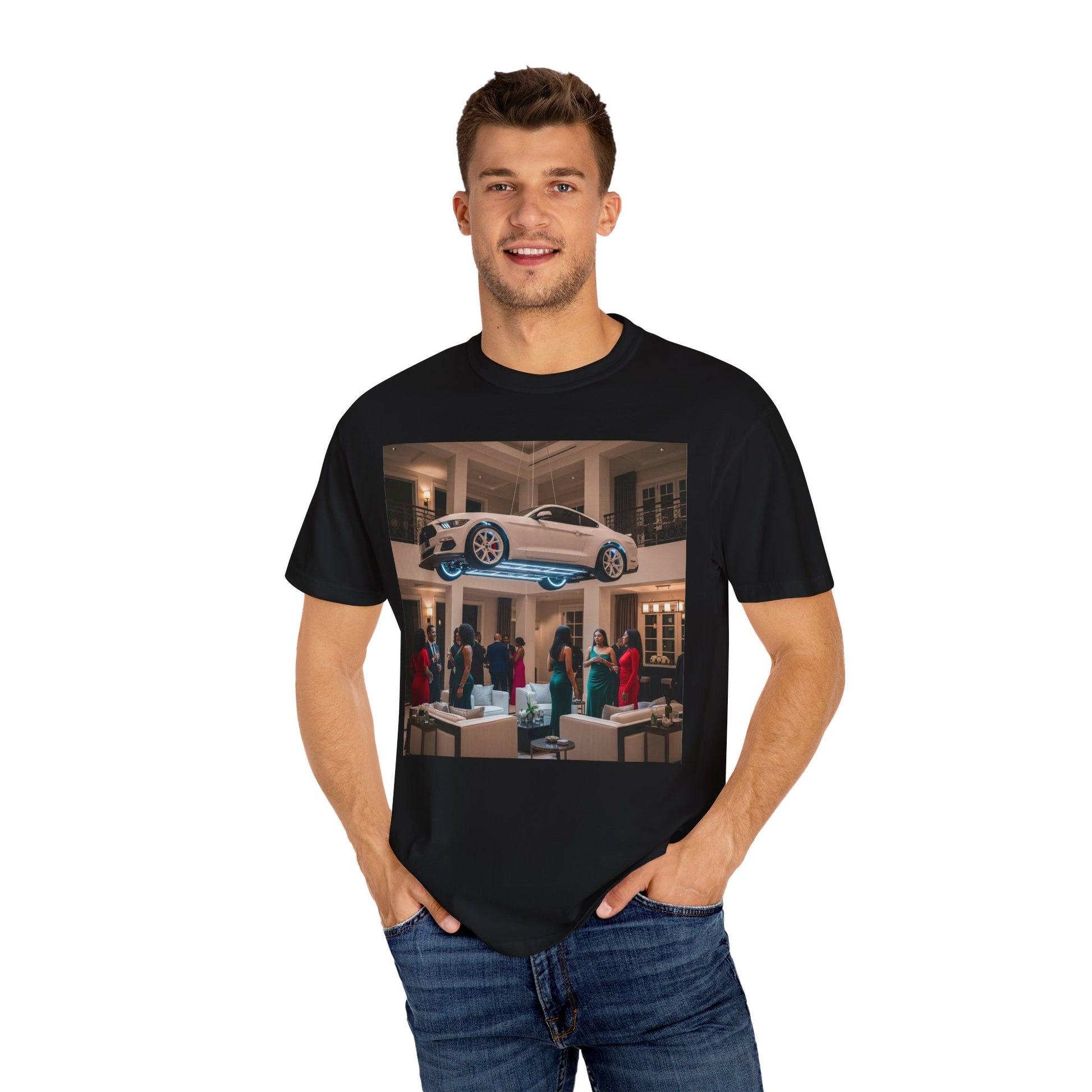 Floating Car T-shirt, Unisex Garment-Dyed Tee, Unique Graphic Tee, Casual Wear for Car Lovers, Trendy Streetwear